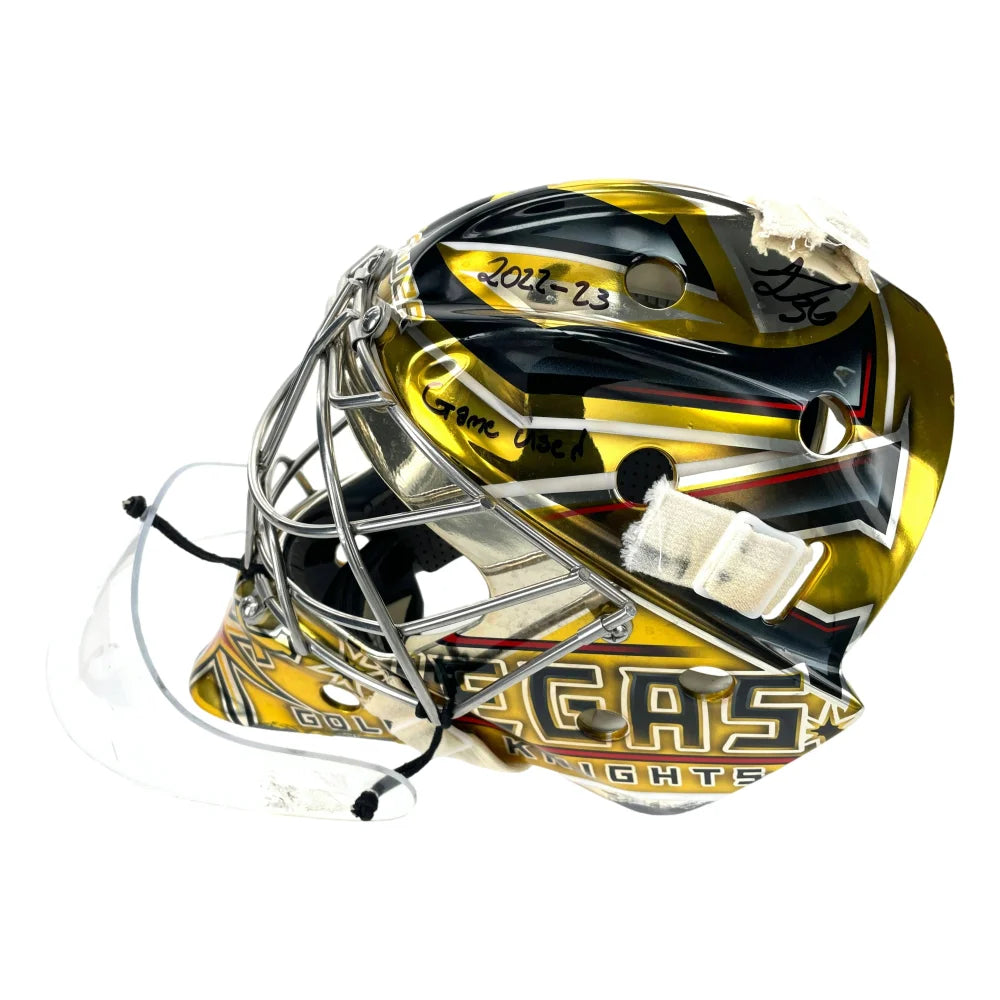 Authentic Logan Thompson Game Used Signed Goalie Mask 2022-23 Season with COA - Vegas Golden Knights NHL Hockey Memorabilia - Perfect for Collectors, Fans, and Sports Memorabilia Displays