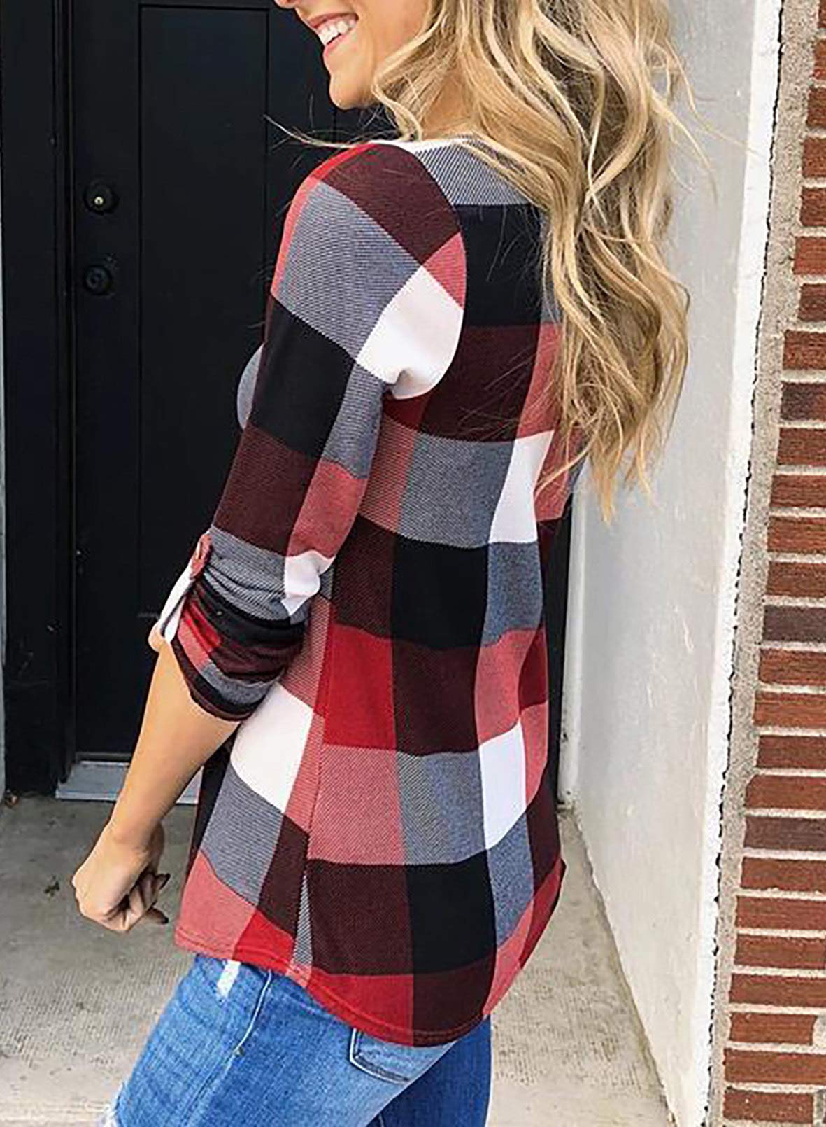 Dokotoo Women's Basic Casual V-Neck Plaid Print Long Sleeve Blouse - Comfortable Work Shirt with Cuffed Sleeves (Sizes S-3XL) | Perfect for Office, Business Casual & Everyday Wear