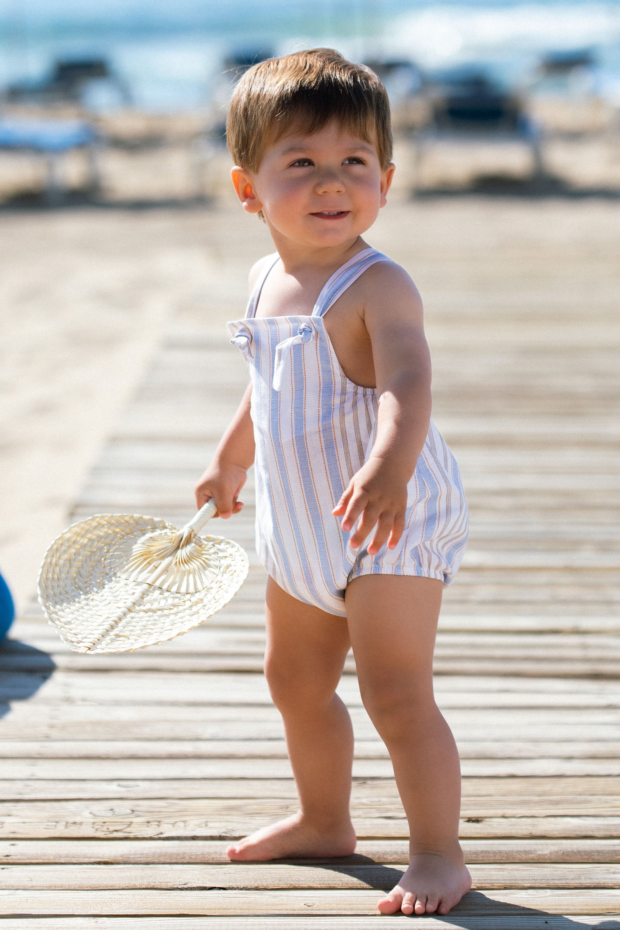 Zack Blue & Beige Striped Dungaree Romper for Baby Boys | Soft Cotton Jumpsuit with Adjustable Straps | Perfect for Playdates, Photoshoots & Everyday Wear