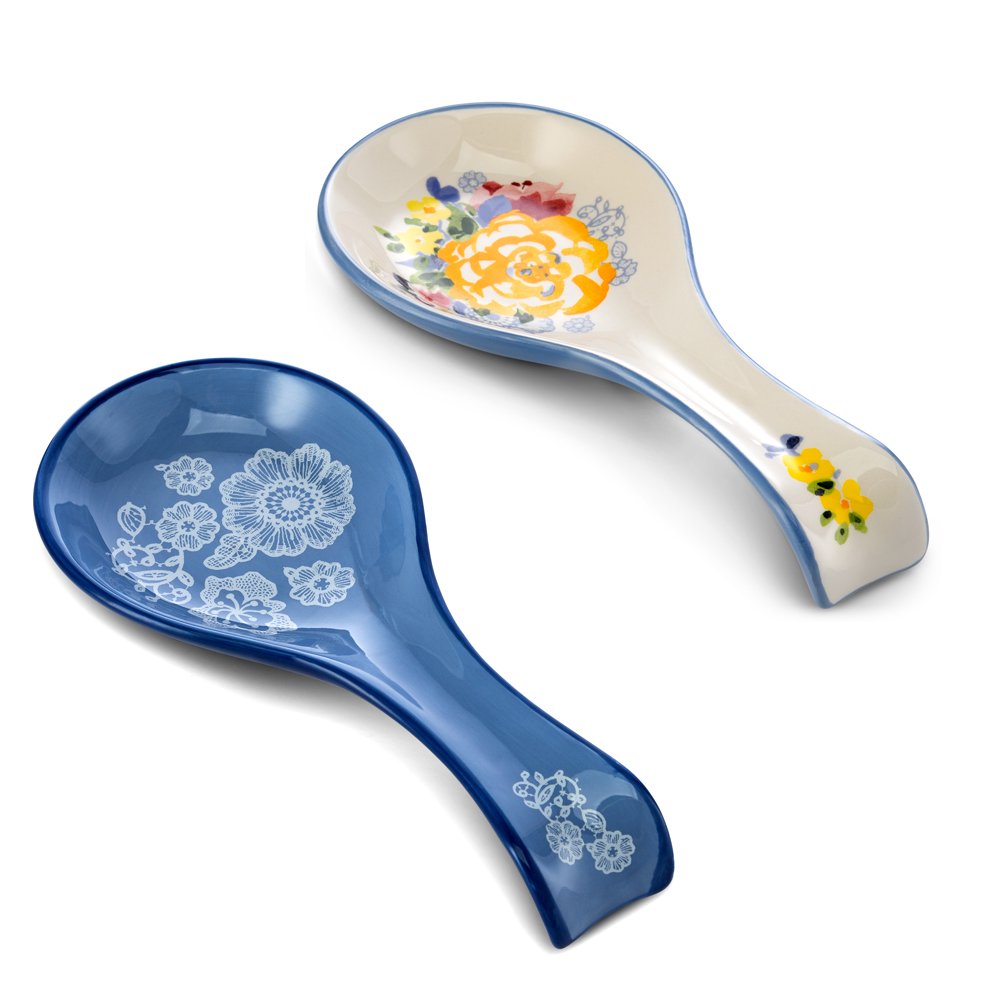Kook Ceramic Spoon Rest Set of 2 - Floral Stovetop Utensil Holder for Kitchen & Coffee Bar, Farmhouse Decor, Dishwasher Safe - Perfect for Cooking, Serving & Home Decor