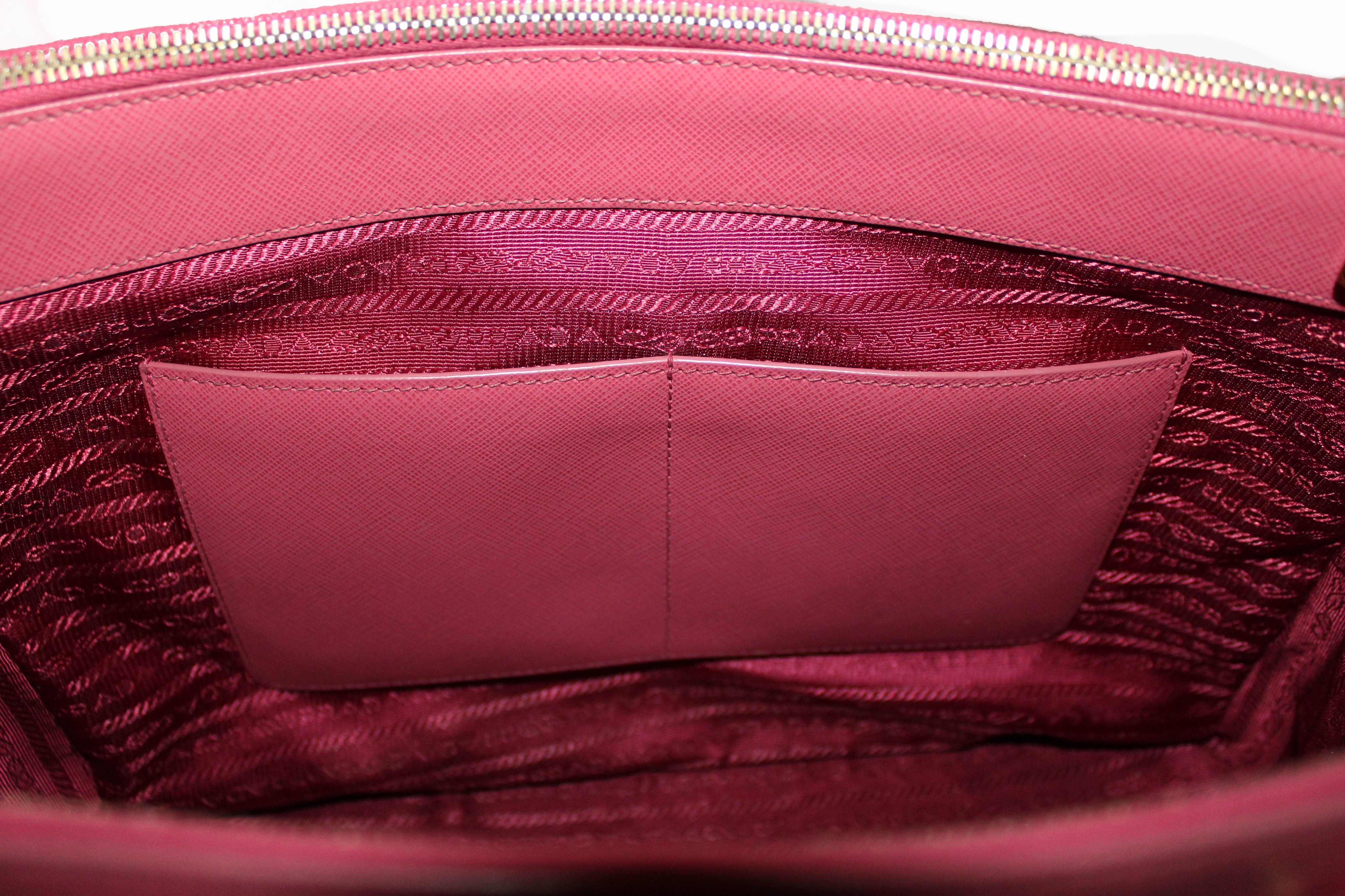 Authentic Prada Pink Saffiano Lux Leather Medium Double Zip Tote Bag for Women - Luxury Designer Handbag for Work, Travel & Everyday Use