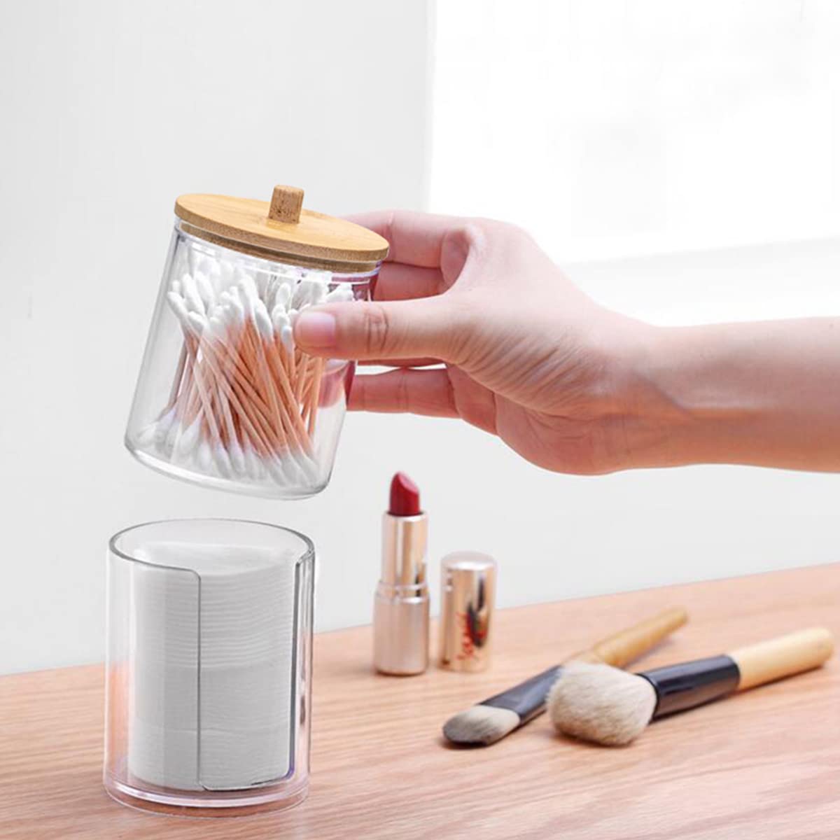 Premium Cotton Wool Pads & Q-tip Storage Box with Bamboo Lid - 2-in-1 Cosmetic Organizer for Bathroom & Dressing Table | Makeup Container, Cotton Swab Dispenser & Ear Bud Jar for Home & Salon Use