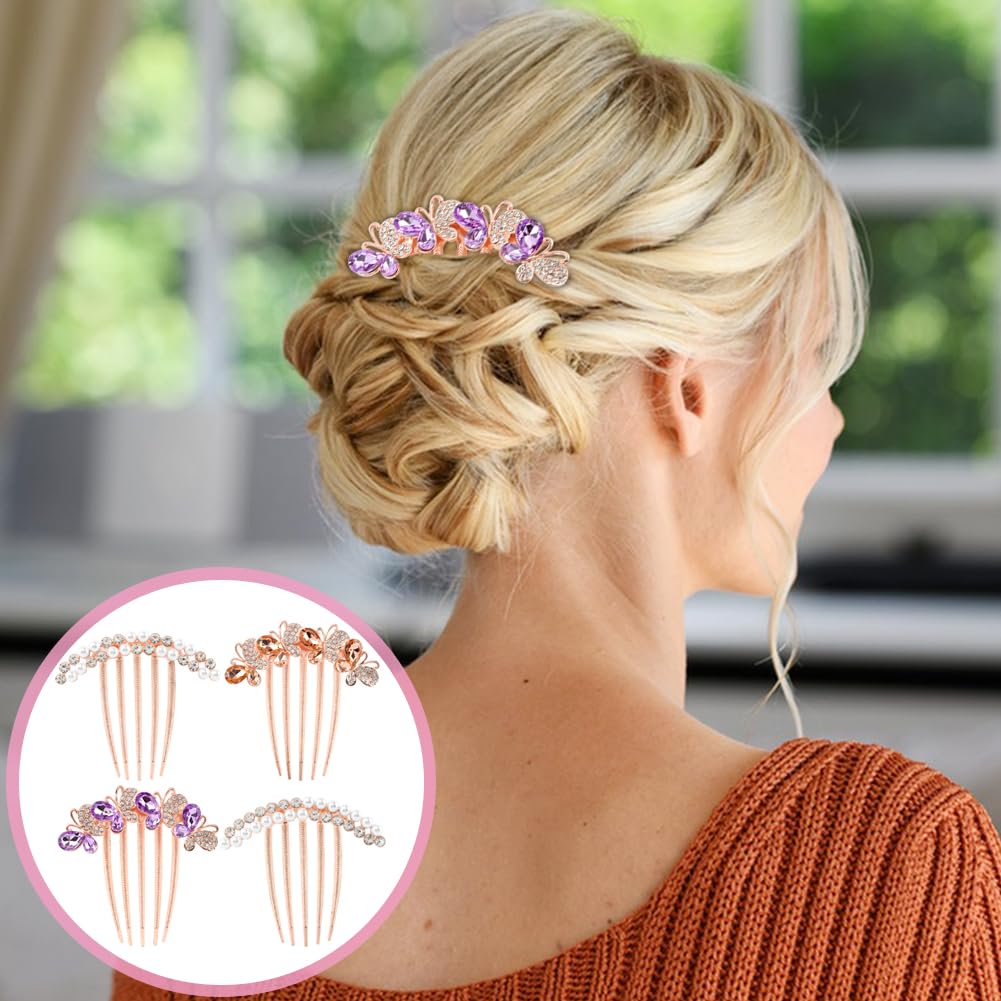 4 Pcs Pearl Rhinestone Hair Combs for Women - Rose Gold Wedding & Party Hair Accessories with Crystal Decorations - Perfect for Bridal, Prom, and Everyday Styling