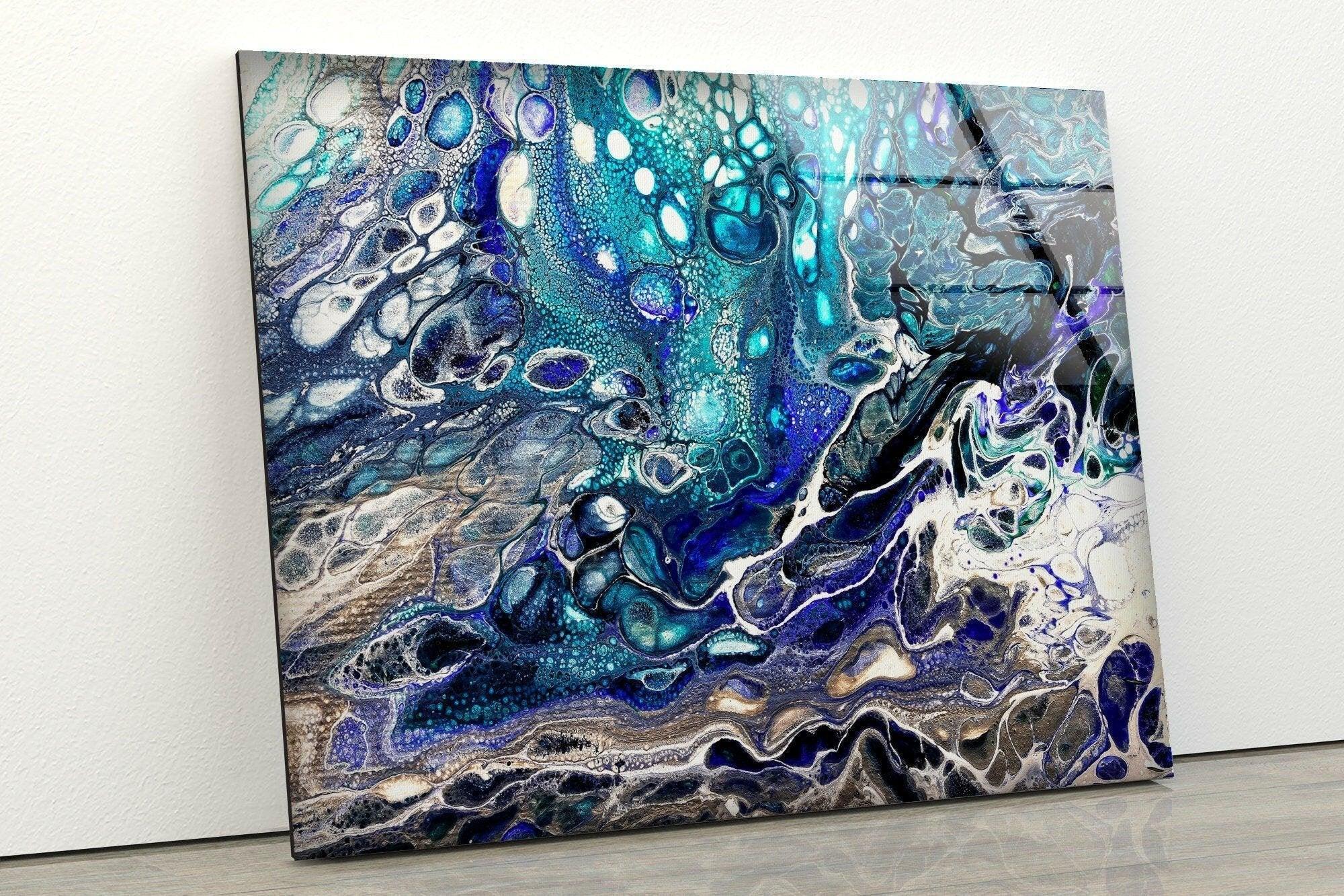 Turquoise Blue Alcohol Ink Glass Wall Art - Handmade Modern Abstract Home Decor for Living Room, Bedroom, Office
