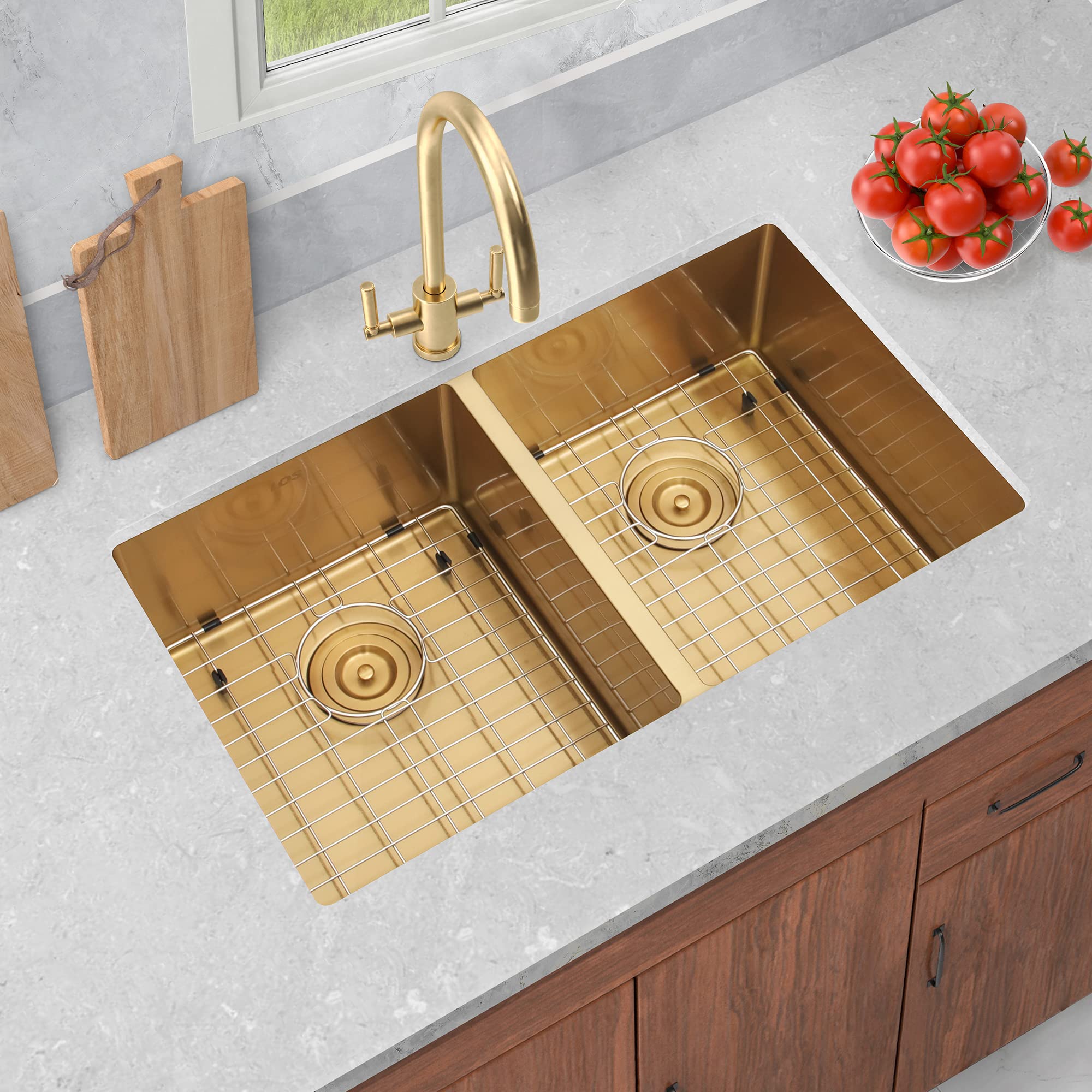 LQS 31 Inch Undermount Double Bowl Stainless Steel Kitchen Sink with Accessories - Gold Finish for Modern Farmhouse & Luxury Home Kitchen Renovation