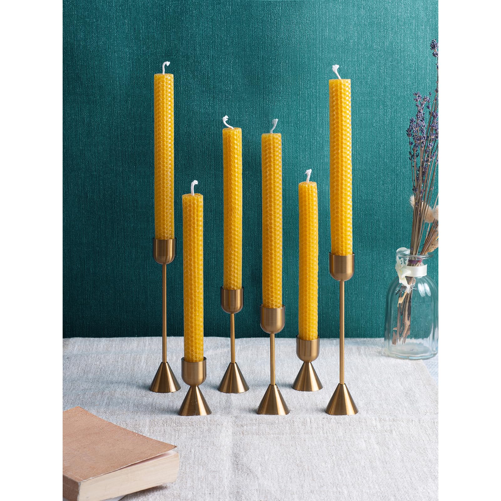 Handmade Beeswax Candles Set of 6 - 8 Inch Natural Taper Candles for Home Decor, Dinner Table & Romantic Ambiance | Long-Lasting 5-Hour Burn Time | Eco-Friendly Hand-Rolled Beeswax Candles with Honeycomb Scent