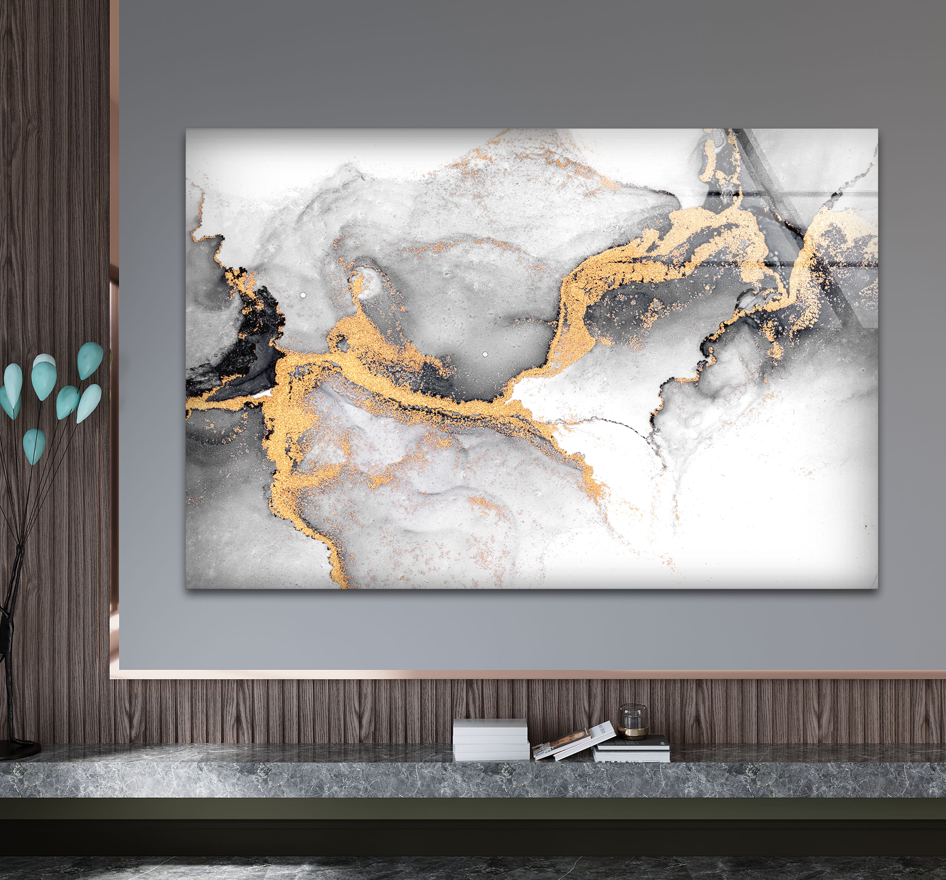 Black White and Gold Abstract Wall Art - Minimalist Glass Print for Modern Home & Office Decor | Perfect for Living Room, Bedroom & Office Spaces