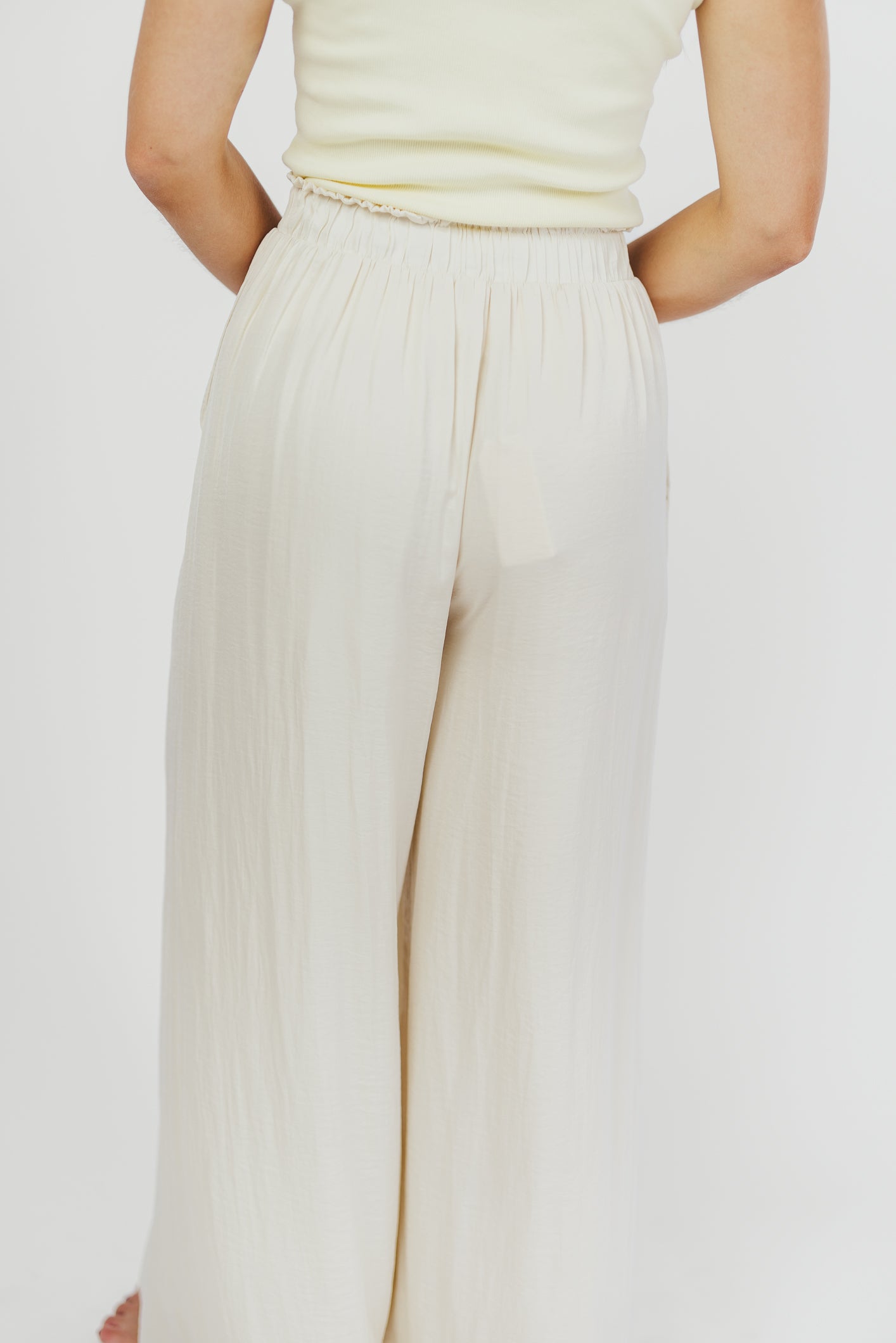 Zahara Women's High Waisted Wide Leg Pants - Soft Linen Blend Ivory Trousers for Work, Office & Casual Wear | Comfortable Elastic Waist Lounge Pants for Summer