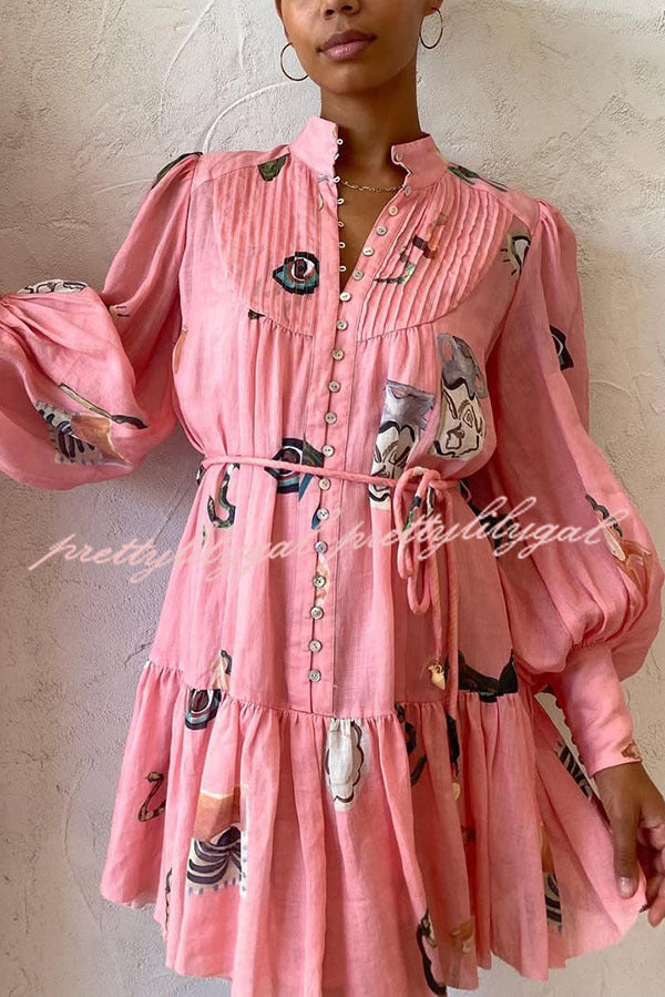 Unique Print Single Breasted Balloon Sleeve Tie Waist Ruffled Mini Dress - Elegant Party & Date Night Outfit for Women