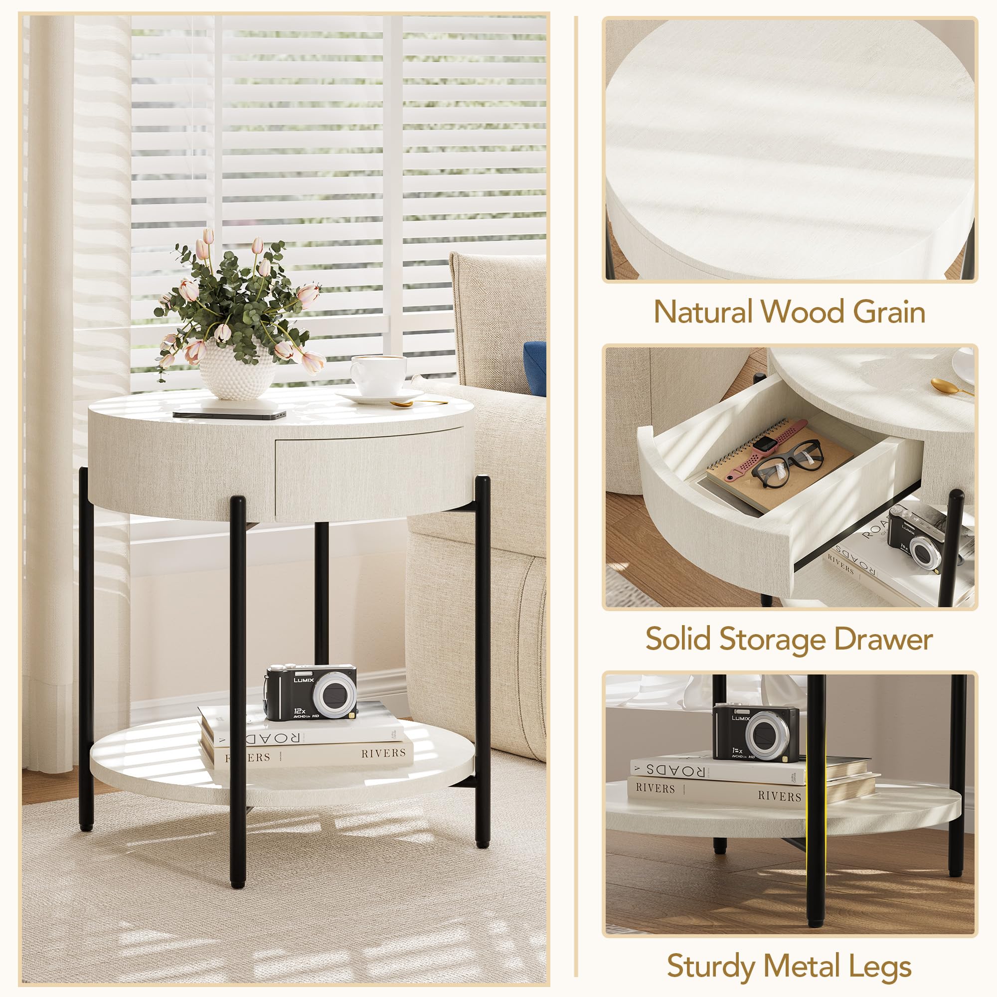 Round Wooden End Table with Drawer - Modern Side Table & Bedside Nightstand for Living Room, Bedroom, Office - Small Circle Accent Table with Storage Space