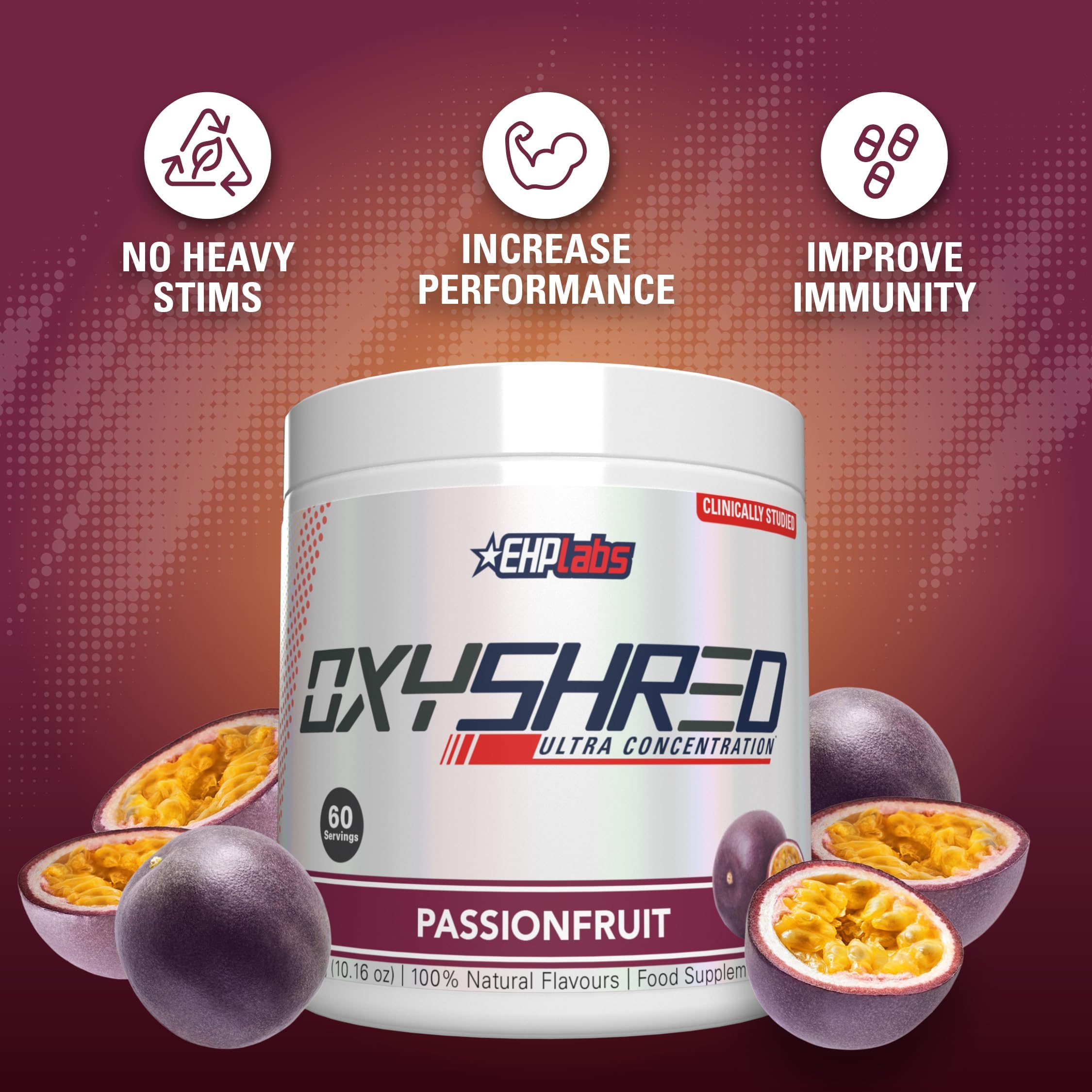 EHP Labs OxyShred Pre Workout Powder - Thermogenic Fat Burner with L-Glutamine & Acetyl L-Carnitine | Energy Boosting Supplement for Weight Loss & Focus | Passion Fruit Flavor (60 Servings) | Ideal for Gym, Cardio & Fitness Enthusiasts
