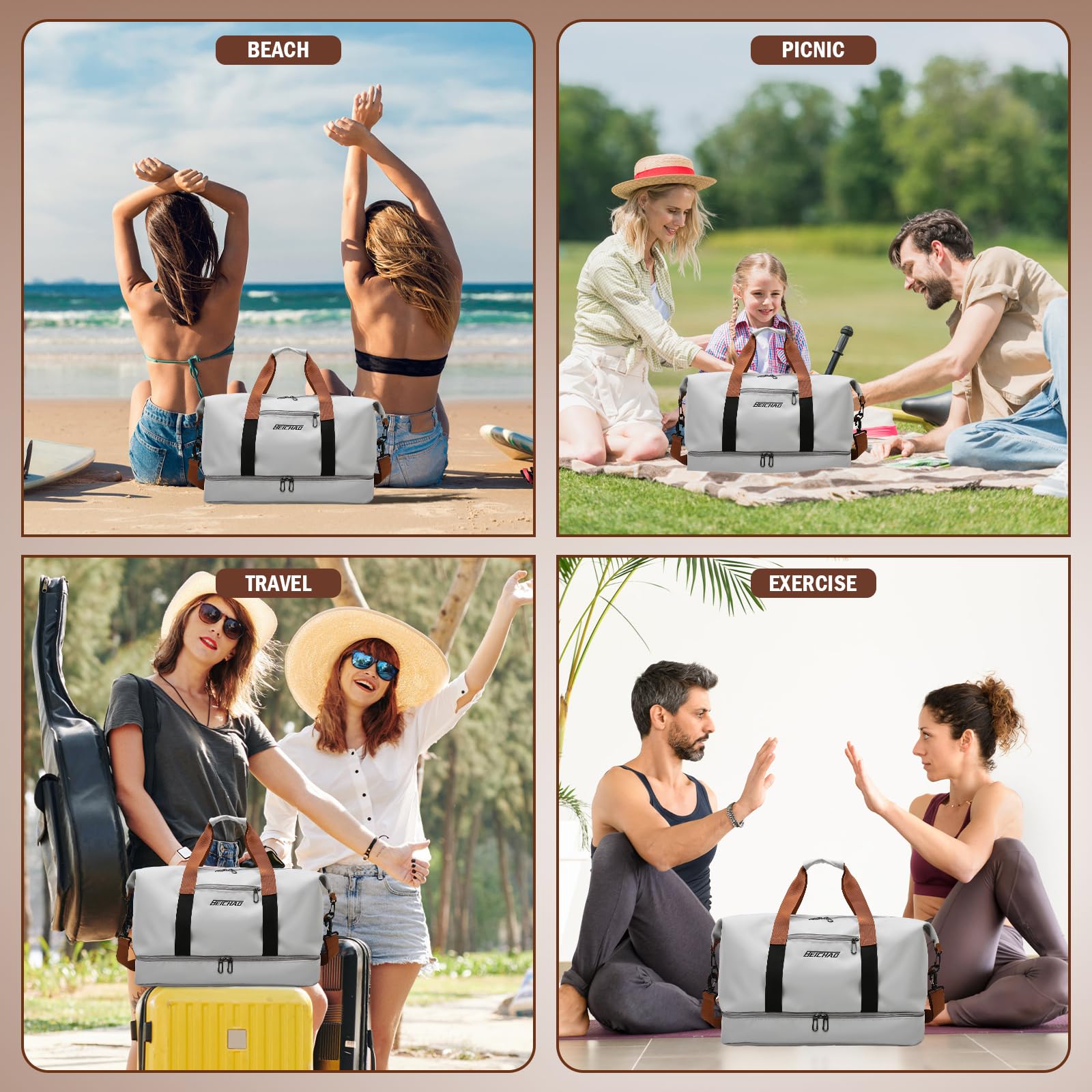 **Women's Gym Bag with Shoe Compartment & Wet Pocket - Duffle Carry On Weekender Overnight Tote for Travel, Workout, Yoga, Swimming - Perfect for Gym, Sports & Travel (Grey)**