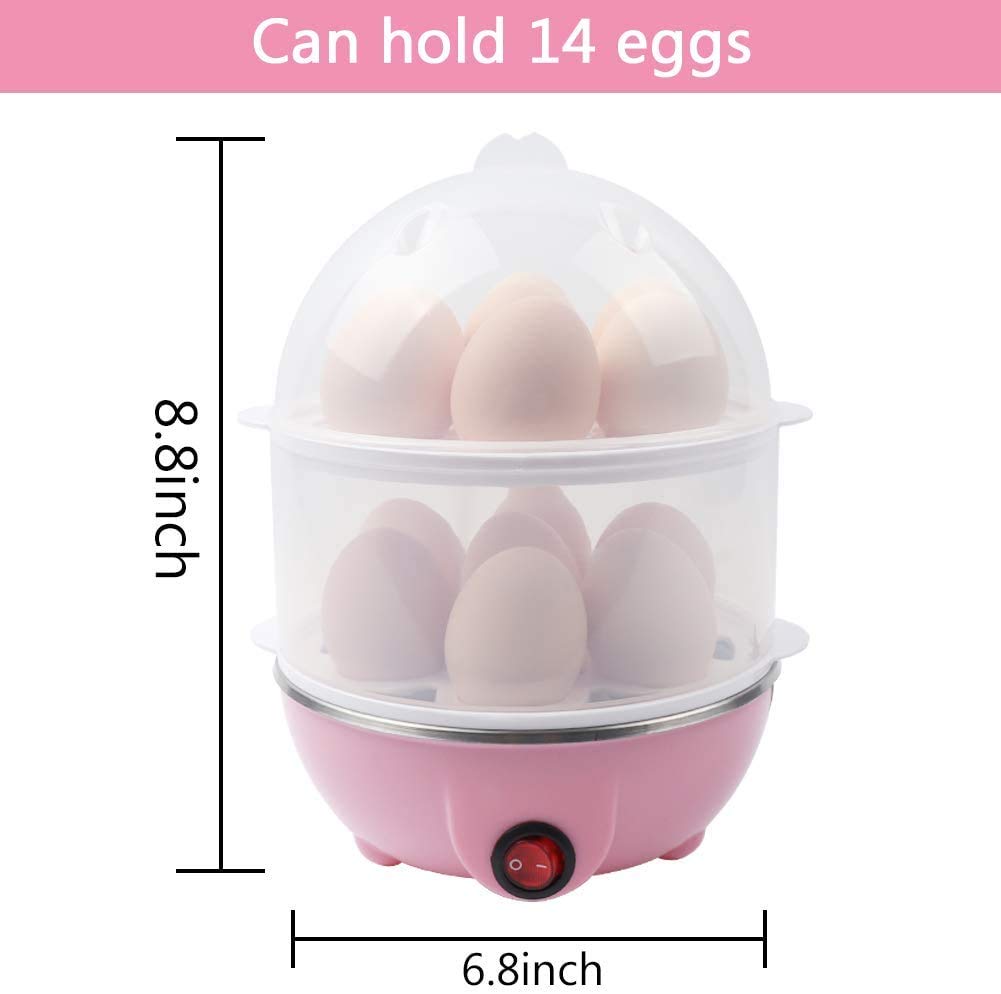 Electric Egg Cooker - Hard Boiled Egg Maker with 14-Capacity Double Layer, Multi-Function Steamer for Soft/Medium/Hard Eggs, Milk Warmer & Food Heater - Perfect for Breakfast Meal Prep, Keto Diet & Healthy Cooking (Pink)