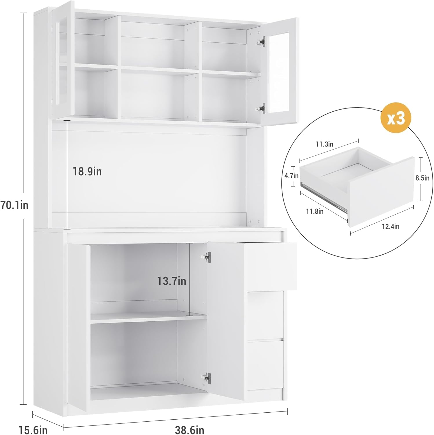 Modern White Kitchen Pantry Cabinet with LED Lights - Charging Station & Microwave Stand - Tall Buffet Cabinet with Countertop - Perfect for Small Kitchens, Dining Rooms & Home Organization