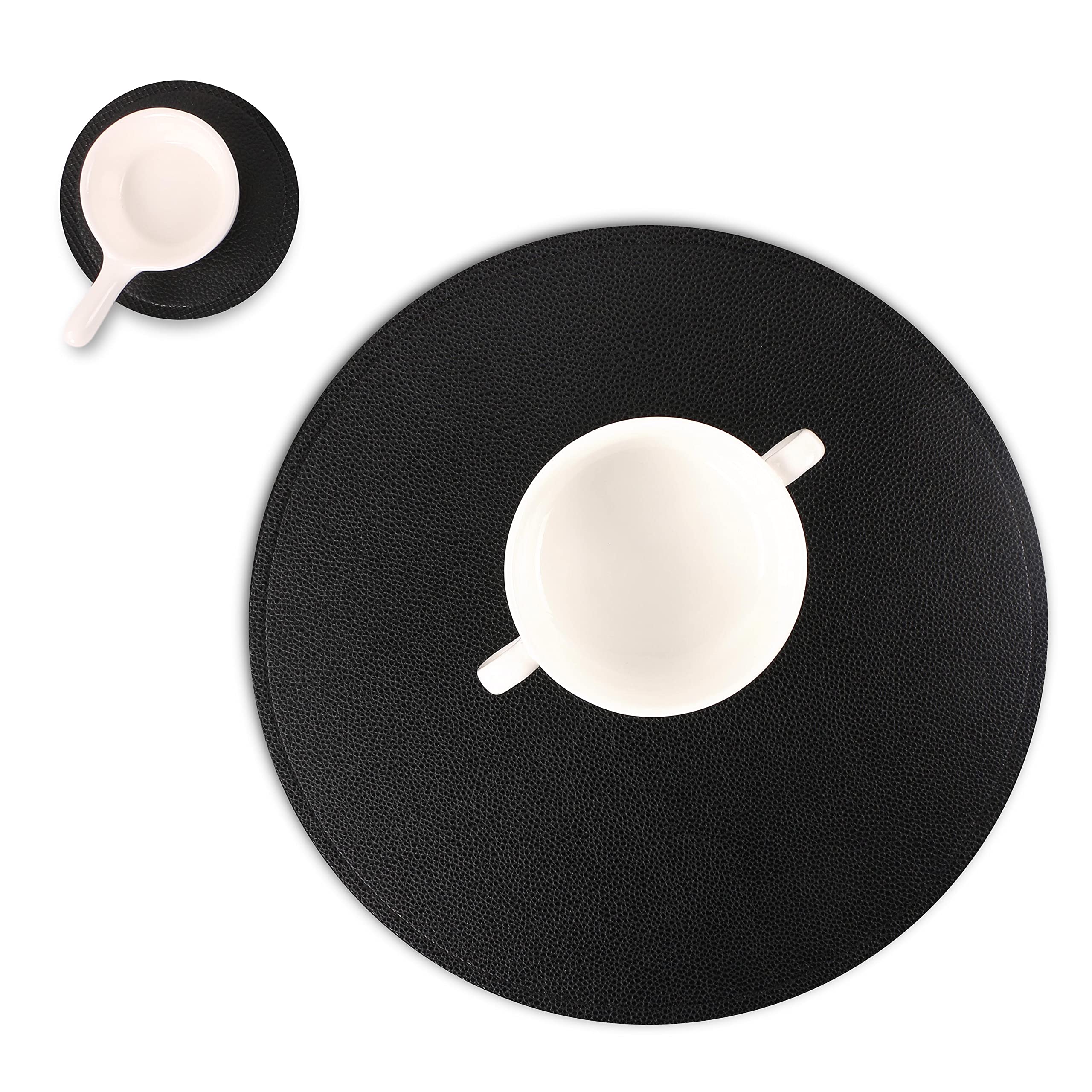 6-Piece Faux Leather Round Placemats and Coasters Set - Waterproof, Stain-Resistant Kitchen Table Mats for Dining & Coffee Tables - Perfect for Home, Restaurant, and Office Use