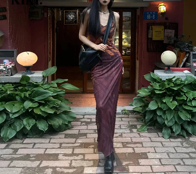 Sexy Abstract Brown Print Mesh Summer Dress for Women - Spaghetti Strap V-Neck Backless Maxi Dress | Perfect for Beach Vacations, Date Nights & Summer Parties 2024