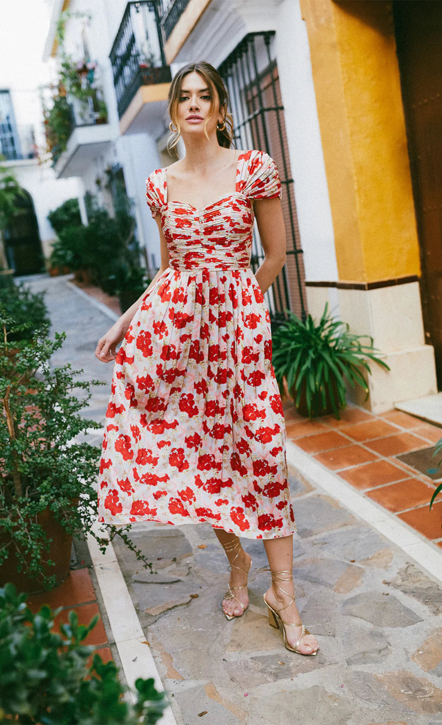 Jackson Pleated Midaxi Dress - Red Floral Print Summer Dress for Women, Perfect for Beach Vacations, Garden Parties & Date Nights