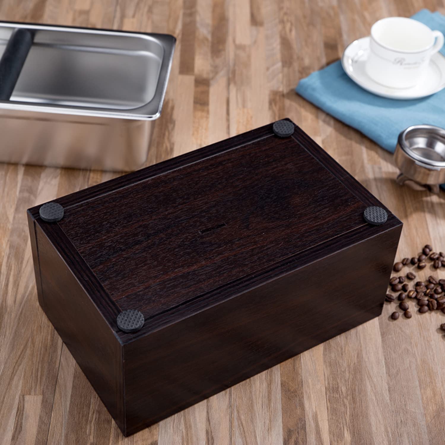 Stainless Steel Coffee Knock Box with Wood Base - Barista Grounds Container, Coffee Residue Bin & Grind Waste Bucket for Espresso Machine Accessories - Perfect for Home & Commercial Coffee Stations