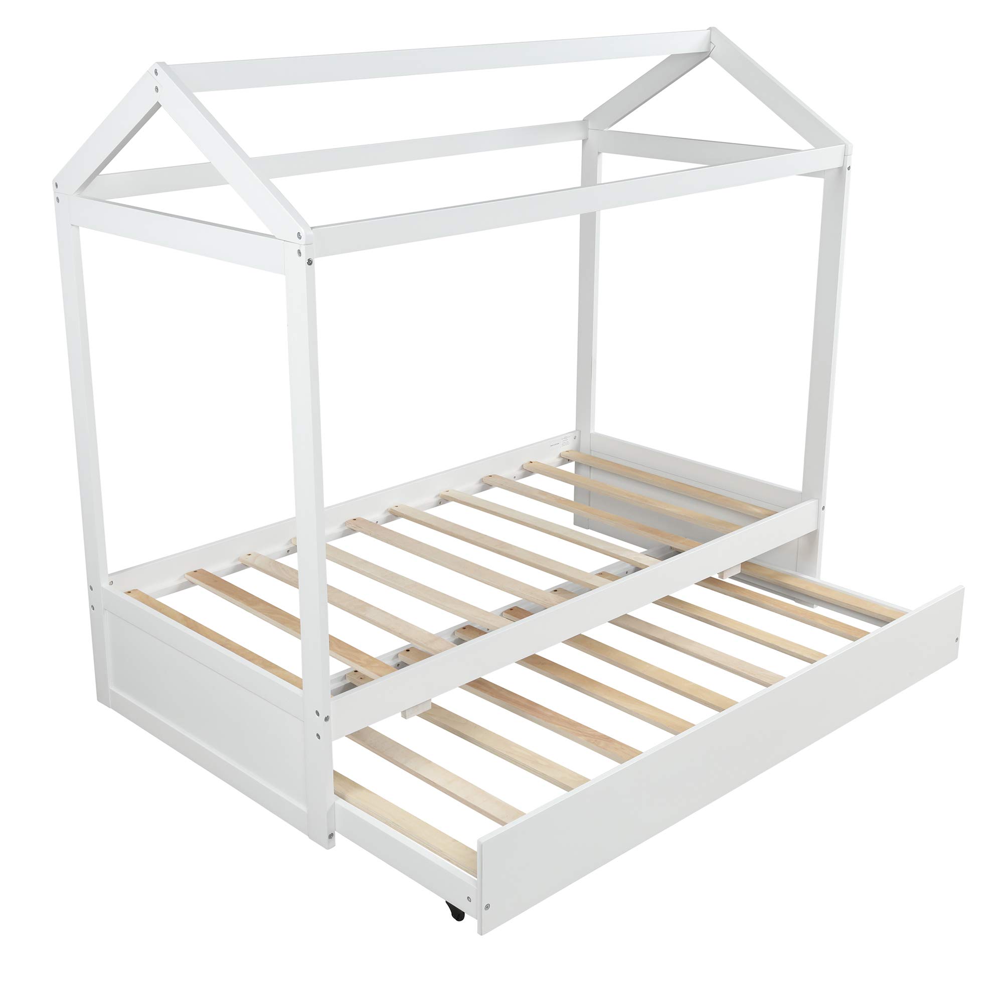 Twin Size Wooden House Bed with Trundle - Kids Daybed Frame for Toddlers, Teens, Boys & Girls - White Children's Bedroom Furniture for Playrooms, Guest Rooms & Cozy Sleep Spaces