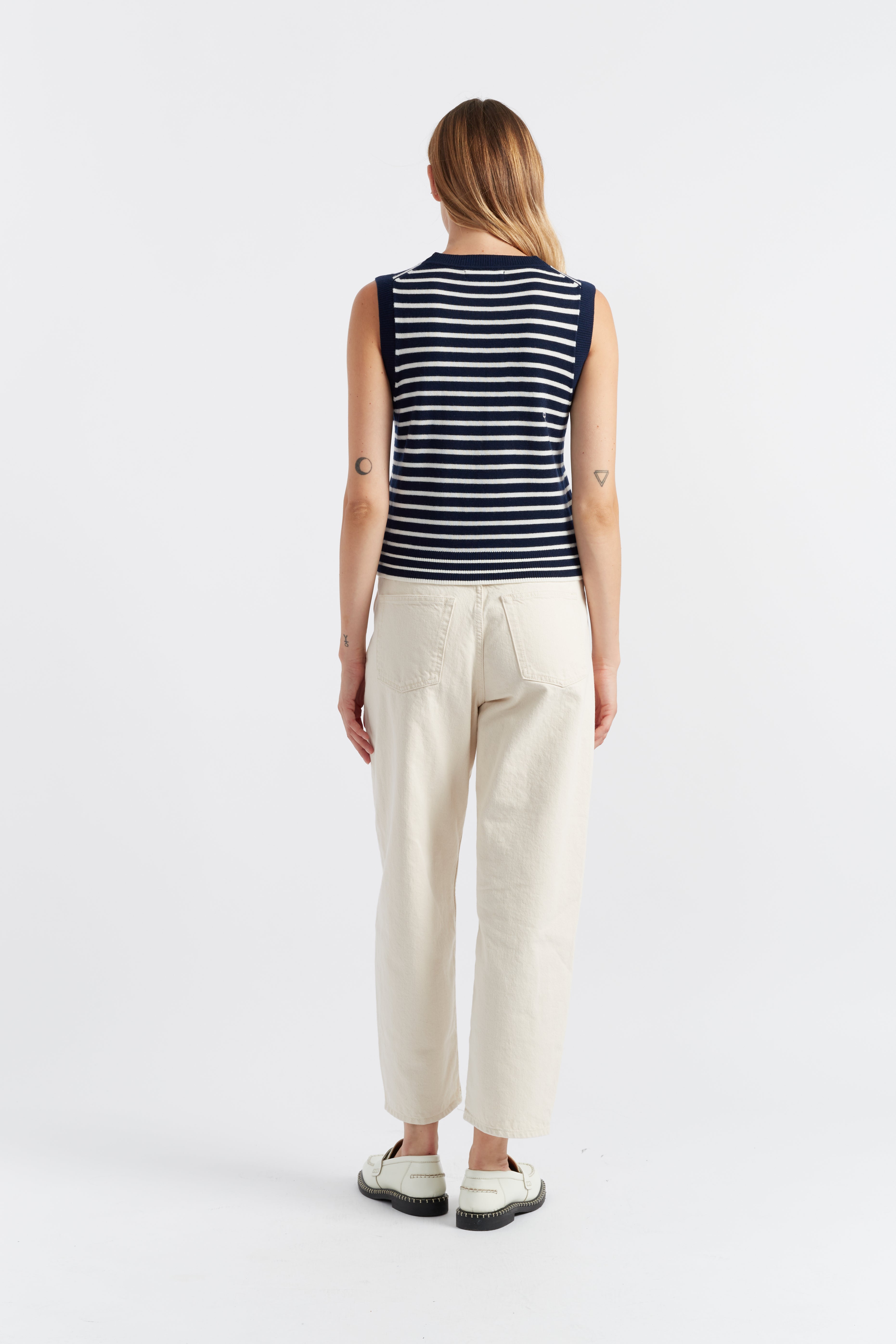 Navy Blue Merino Wool Heart Print Breton Tank Top for Women - Soft & Breathable Summer Layering Staple - Perfect for Casual Outings, Beach Days & Date Nights