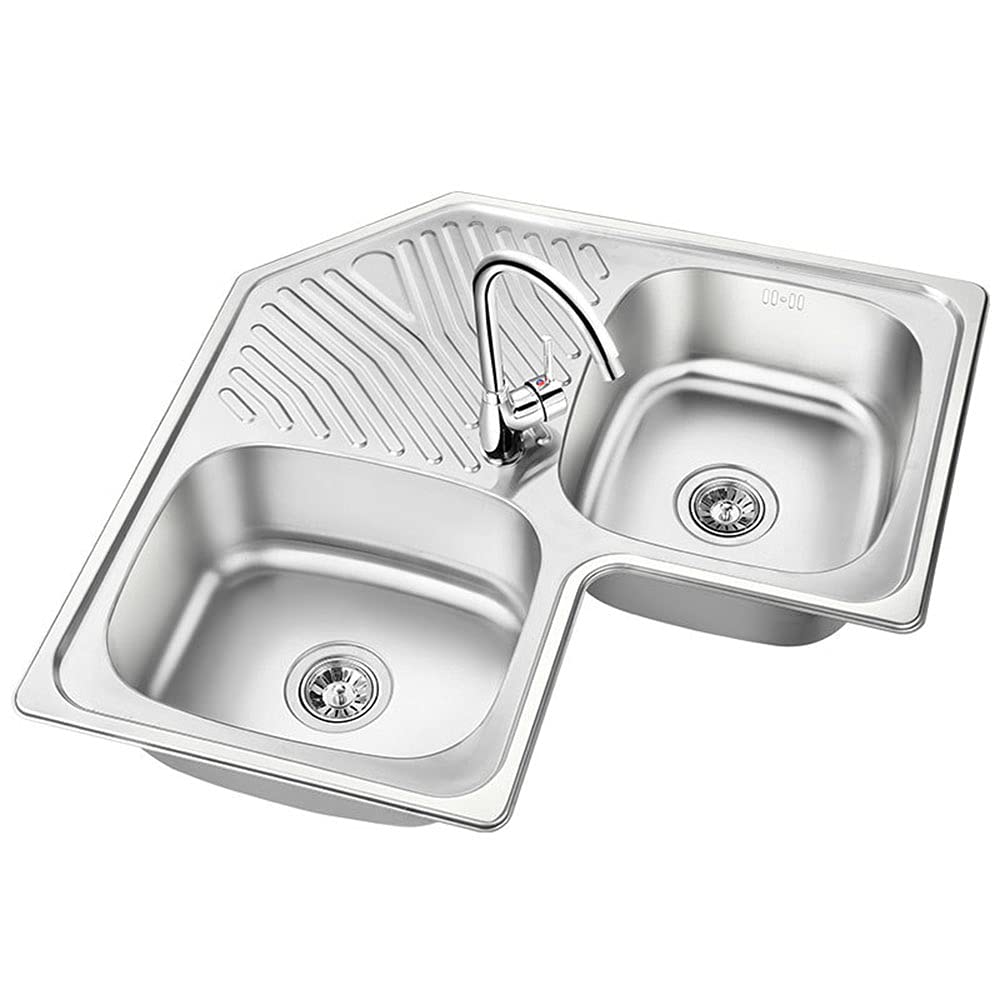 Premium Stainless Steel Double Basin Kitchen Sink with Faucet & Accessories - 33x12.5 Inch Corner Prep Sink for Modern Homes (Includes Drain Basket & Soap Dispenser) - Perfect for Small Kitchens, RV Camping & Outdoor Cooking Stations