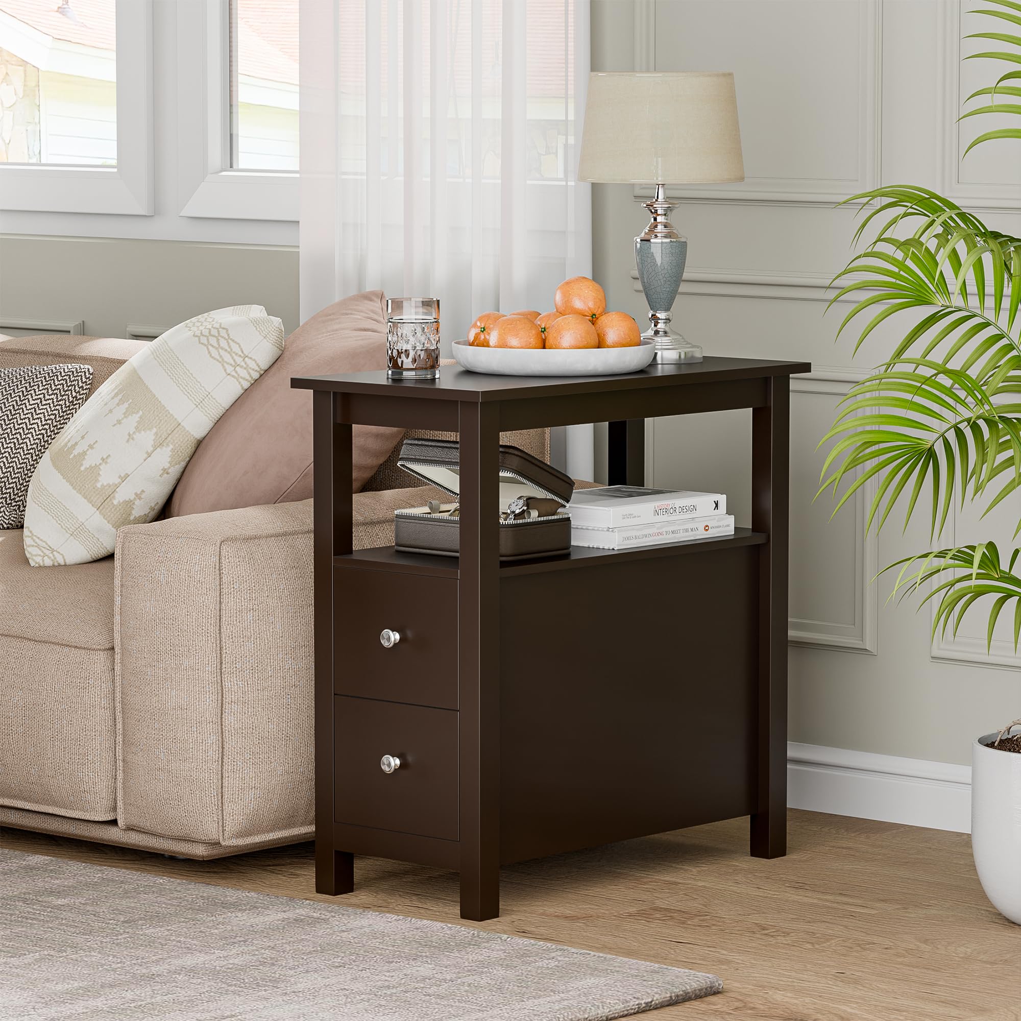 ZENY 2-Piece Narrow Side Table Set with Storage Shelf & Drawers - Small End Table for Bedroom, Living Room, Kitchen - Espresso Wood Finish - Perfect for Compact Spaces, Nightstands, Sofa Side Tables & Home Organization