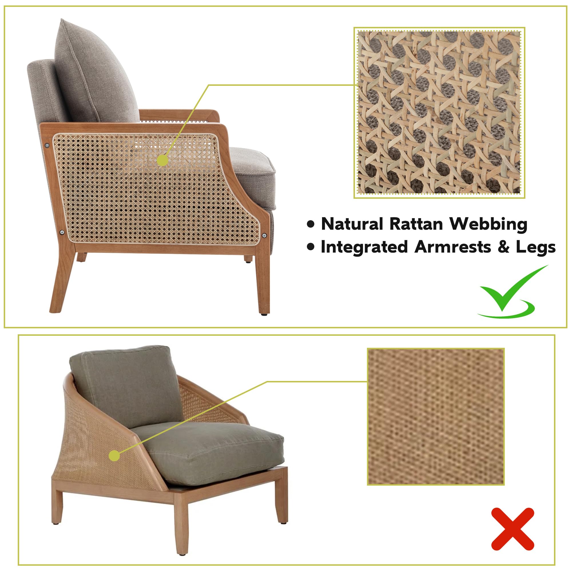 HAOBO Mid Century Modern Accent Chair - Upholstered Living Room Armchair with Rattan Armrest & Wood Frame - Comfortable Lounge Chair with Waist Cushion - Perfect for Reading Nook, Living Room Decor & Cozy Sitting Area
