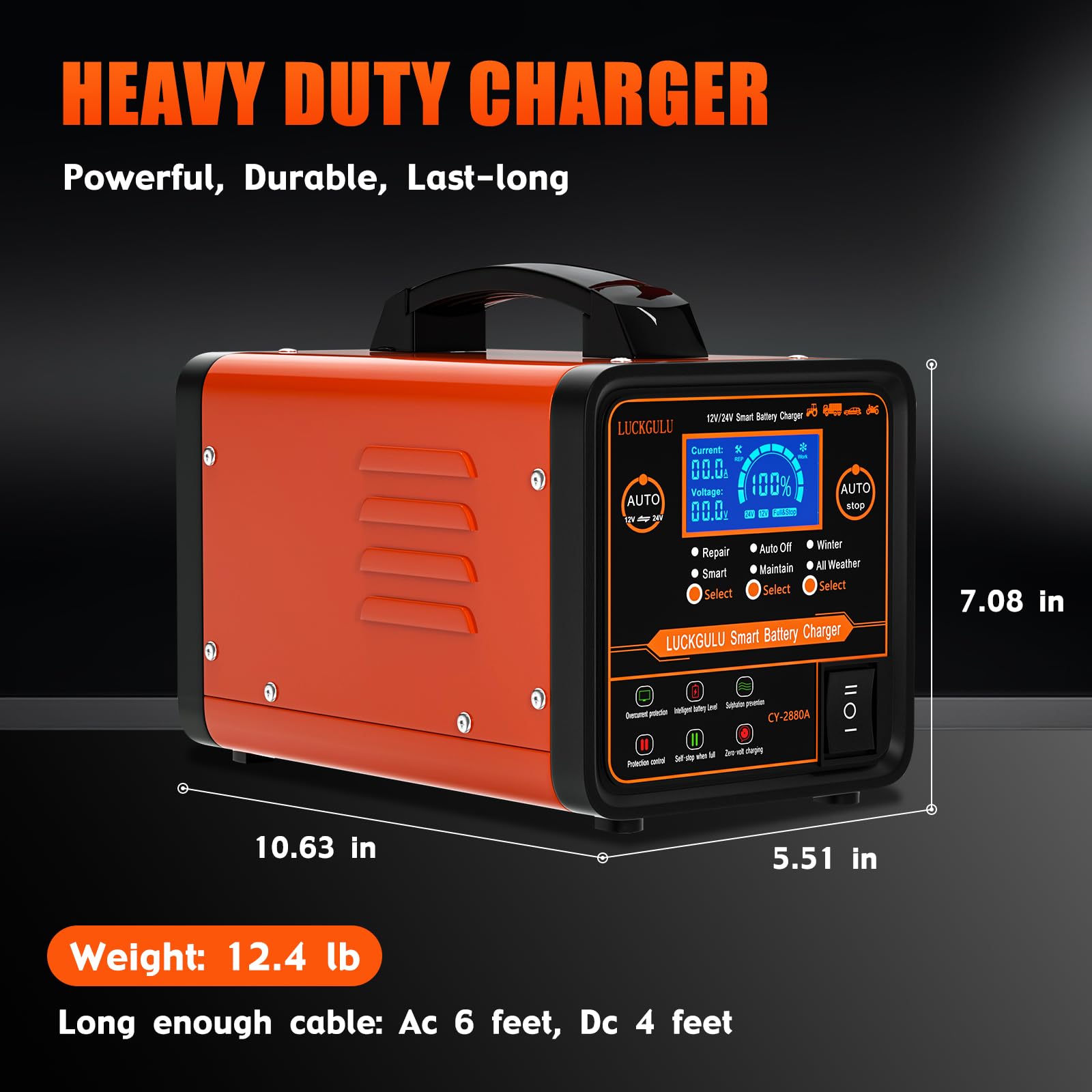 12V/24V Heavy Duty Car Battery Charger - 0-20A Automatic Smart Charger with Auto Shutoff, Repair Mode & Winter Mode - Trickle Charger & Desulfator for Cars, Boats, Motorcycles, Lawn Mowers - Perfect for Cold Weather & Long-Term Storage