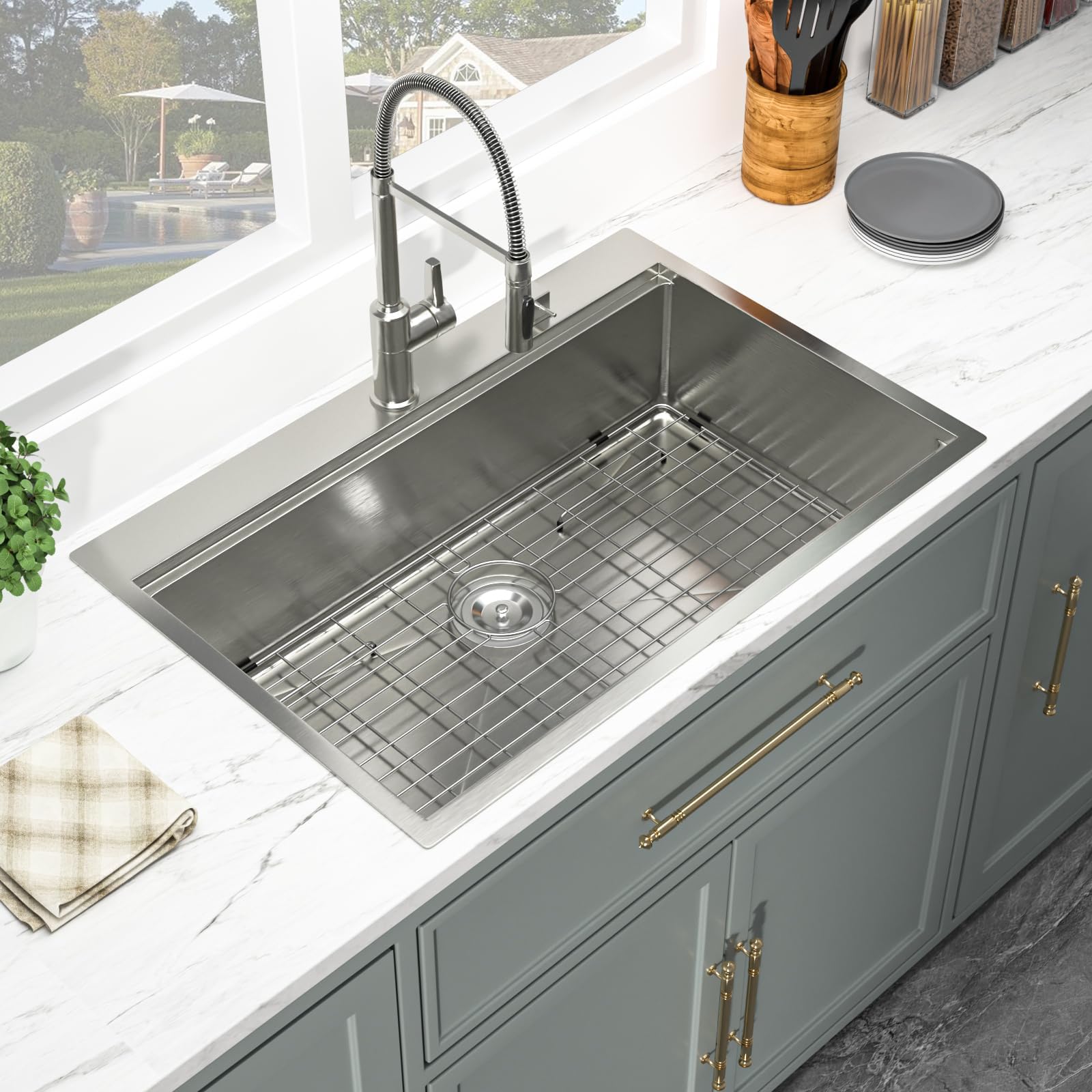 33 Inch Drop-in Kitchen Sink - 16 Gauge Stainless Steel Single Bowl Topmount Sink with Ledge Workstation | Handmade Basin for Modern Kitchens | Perfect for Meal Prep, Dishwashing & Small Space Cooking