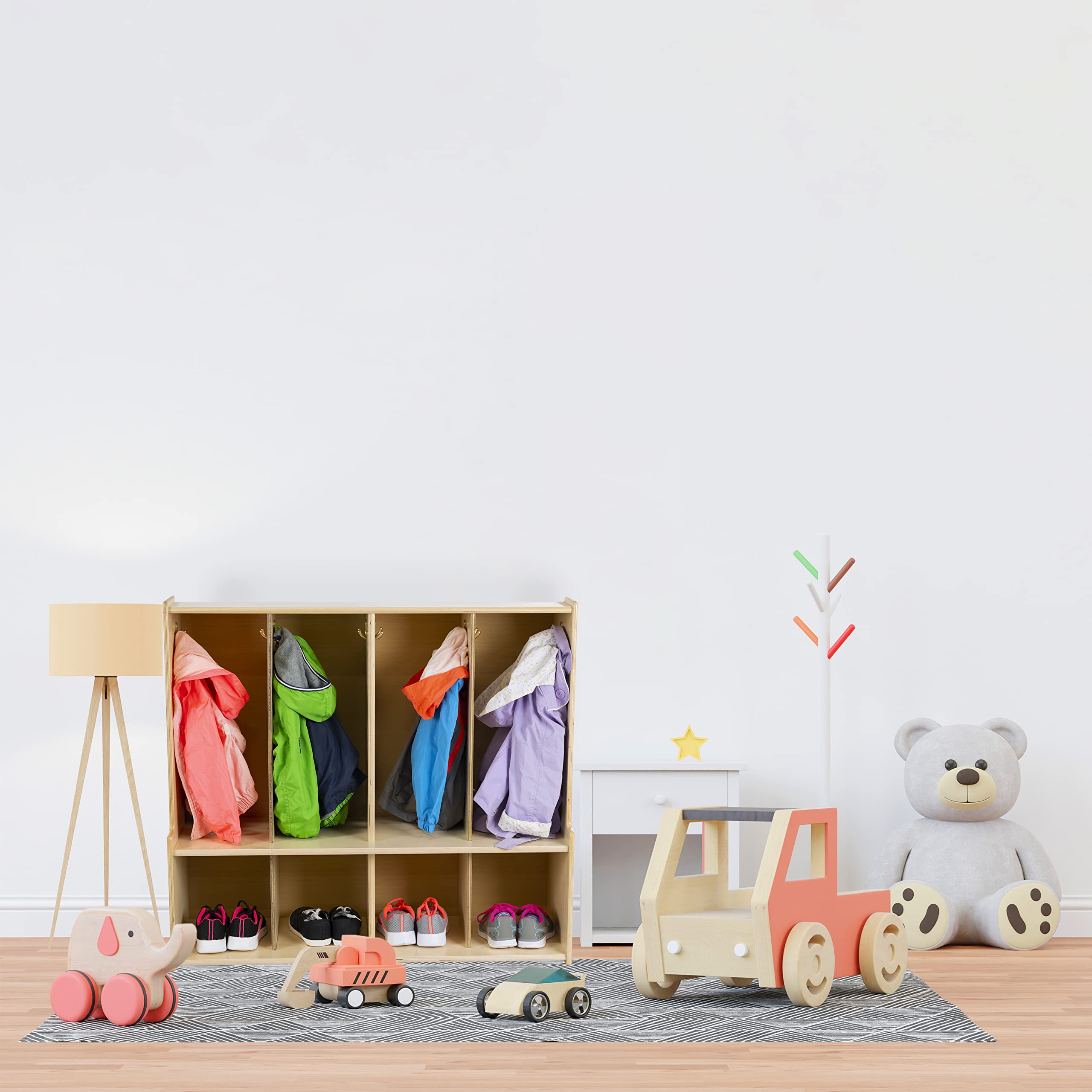 4-Section Wooden Coat Locker with Bench & Storage Cubby Organizer - Kids Backpack Storage with Hooks for Daycare, Classroom & Home Entryway - Perfect for Organizing Coats, Shoes & School Supplies