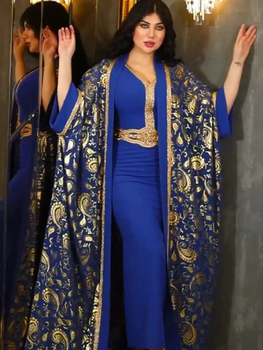 Elegant 2-Piece Muslim Women's Eid Caftan Dress Set with Inner Sleeveless Dress - Perfect for Eid Celebrations, Weddings & Special Occasions