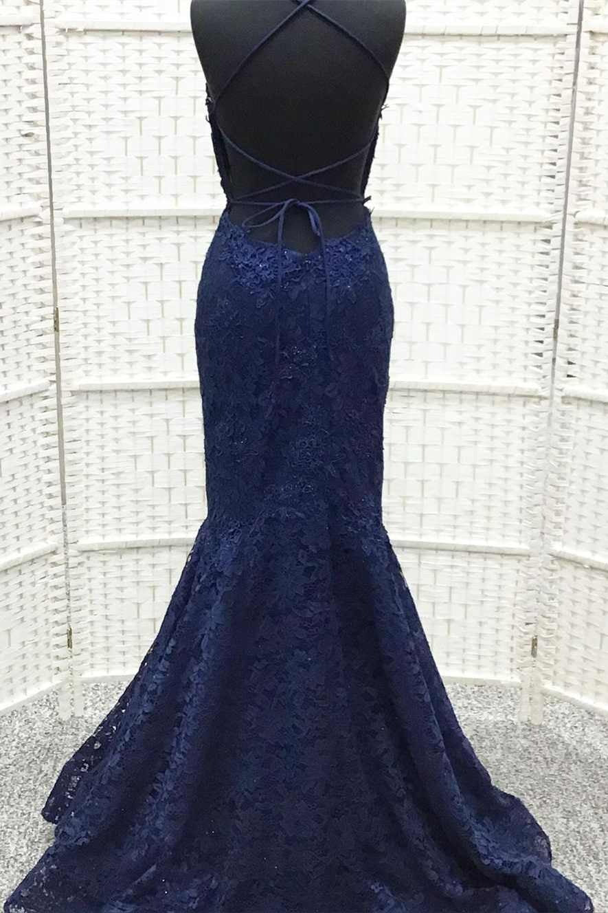 Elegant Dark Navy Blue Long Prom Dress with Lace Embroidered Trumpet Hem - Perfect for Homecoming, Formal Dances & Evening Galas