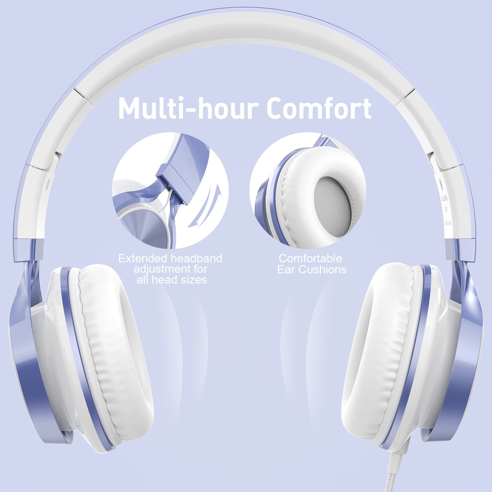 Ailihen MS300 Wired Headphones with Microphone - 3.5mm Jack Foldable Lightweight Headset for Chromebook, Laptop, Computer & Smartphone - Perfect for Online Classes, Gaming & Music (Violet)
