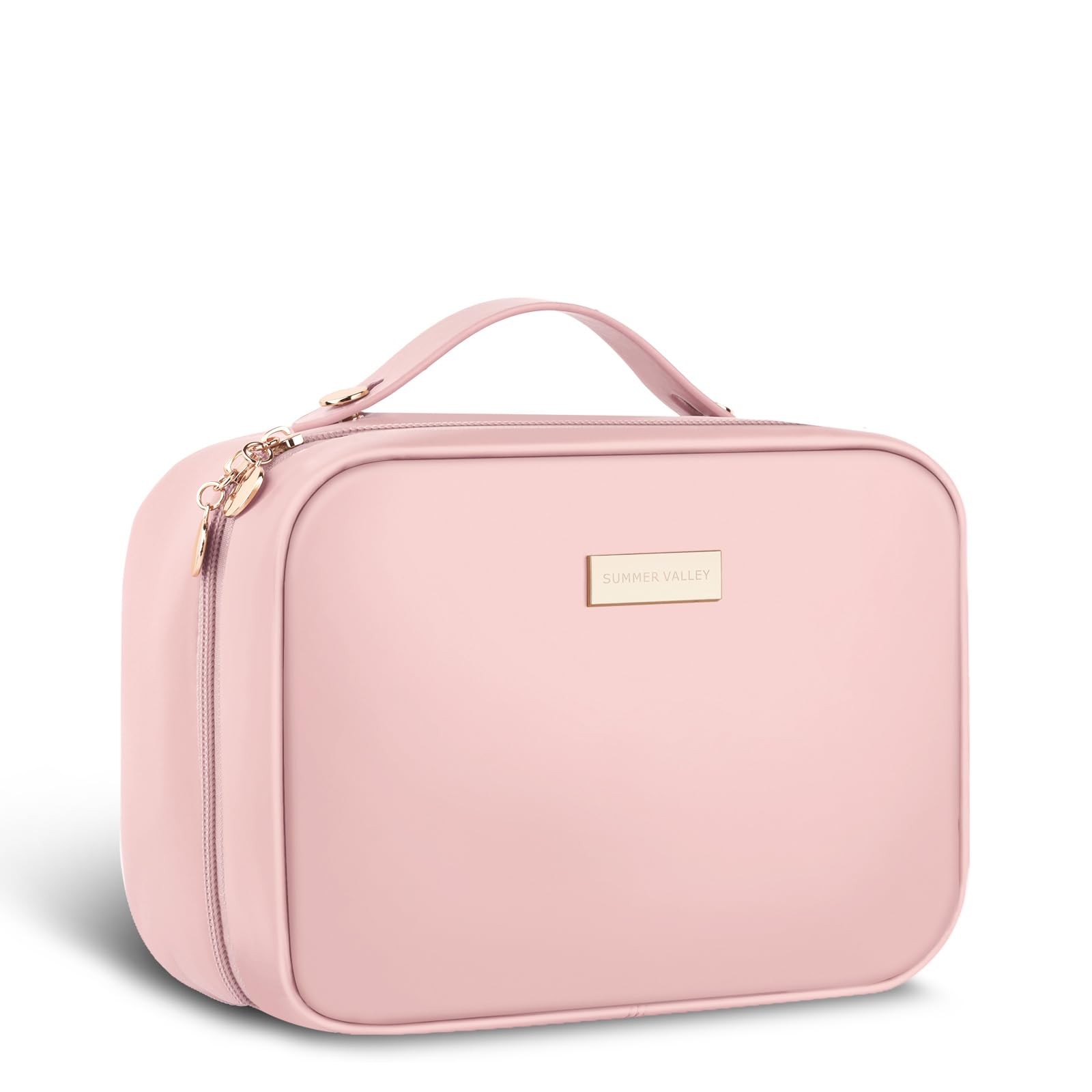 Waterproof Large Capacity Makeup Bag for Women - Travel Toiletry Organizer with Wide Carry Handle, Portable PU Cosmetic Bag for Business & Vacation (Pink) | Perfect for Airplane Carry-on, Gym Essentials & Daily Beauty Storage