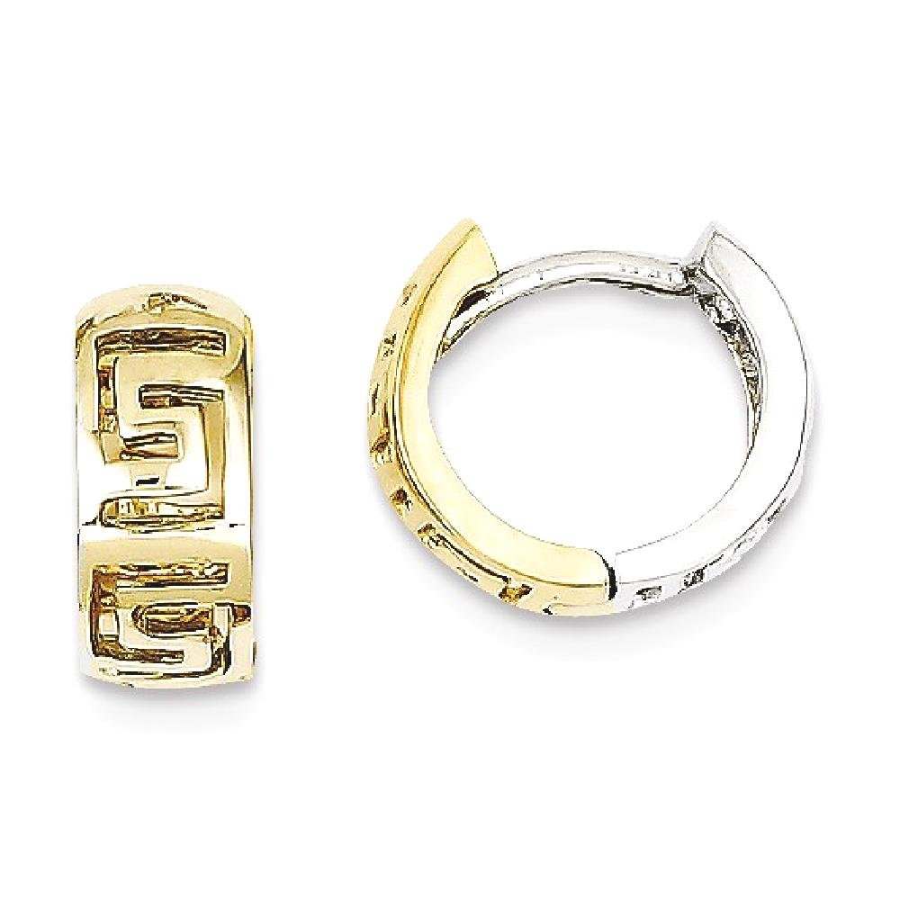 14K Solid Two Tone Gold Greek Key Hinged Round Huggie Small Mini Hoop Earrings for Women - Elegant Everyday Jewelry, Perfect for Work, Date Night & Special Occasions