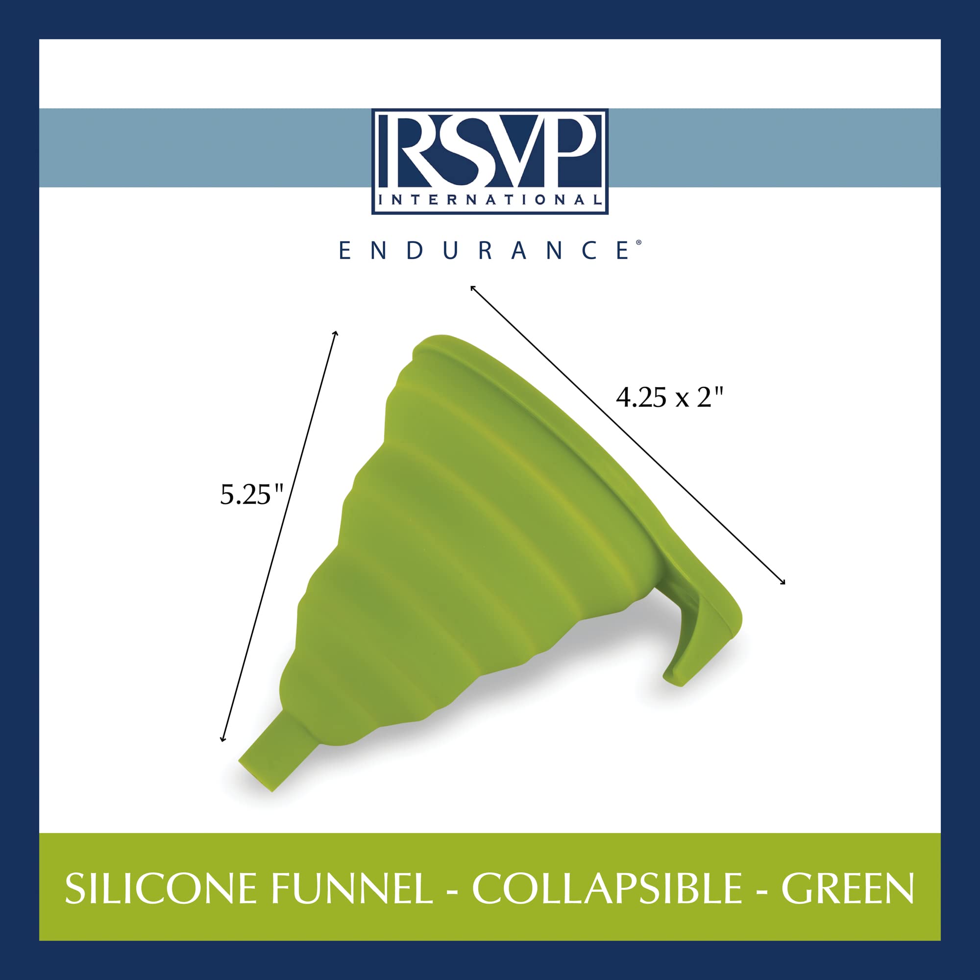 RSVP International Collapsible Silicone Funnel - Dishwasher Safe, BPA-Free Kitchen Tool (5.25x4.25x5.75 Inches) - Perfect for Baking, Cooking, Oil Transfer & Home Brewing - Green