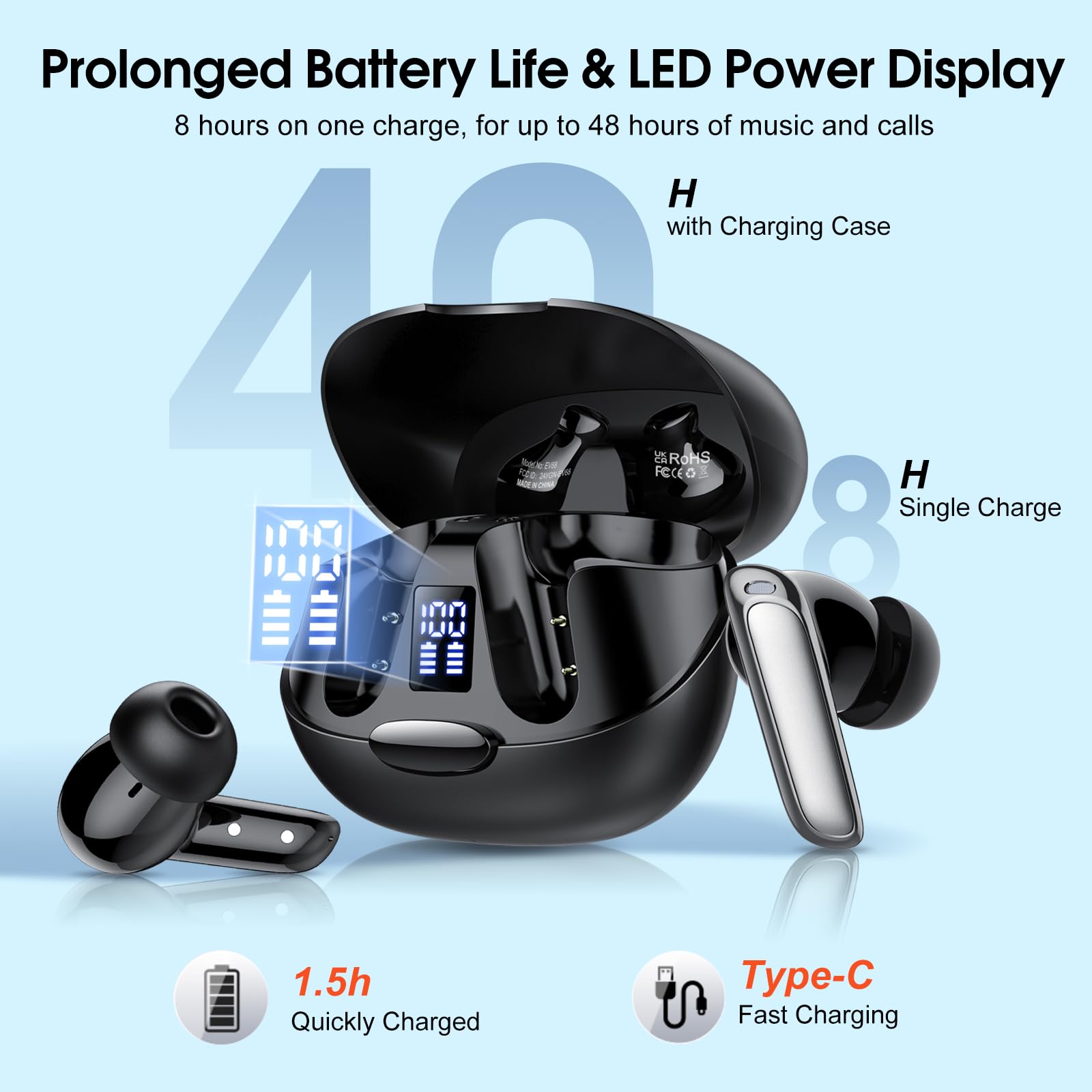 Premium Bluetooth Headphones HiFi Stereo Wireless Earbuds with ENC Noise Cancelling Mic, IPX7 Waterproof, LED Display & Touch Control - Perfect for Running, Gym, Workouts & Commuting - Black