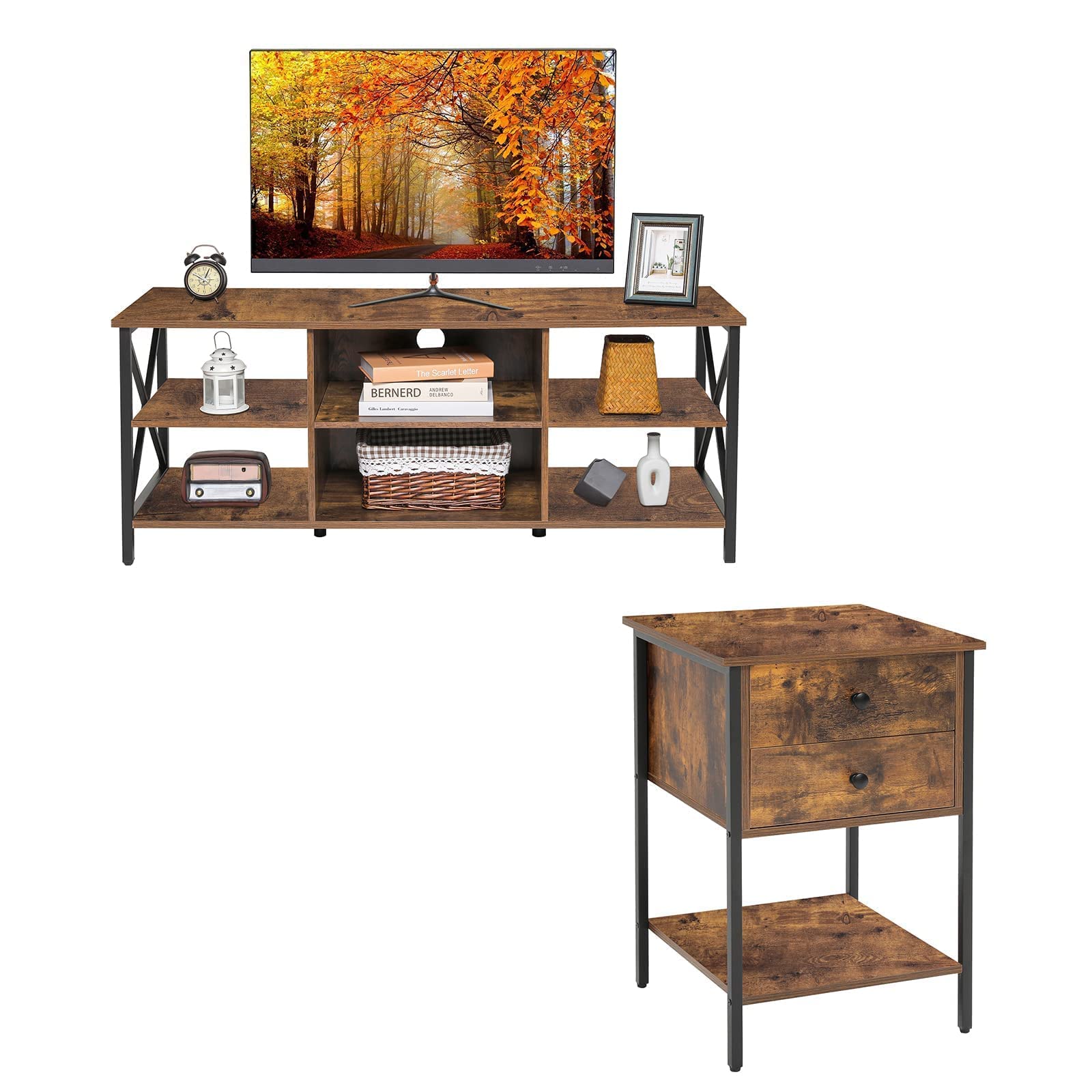 WEENFON 55 Inch TV Stand with 2 Drawers & 6 Storage Shelves - Rustic Brown Retro Industrial TV Console & Nightstand - Easy Assembly Home Entertainment Center for Living Room & Bedroom