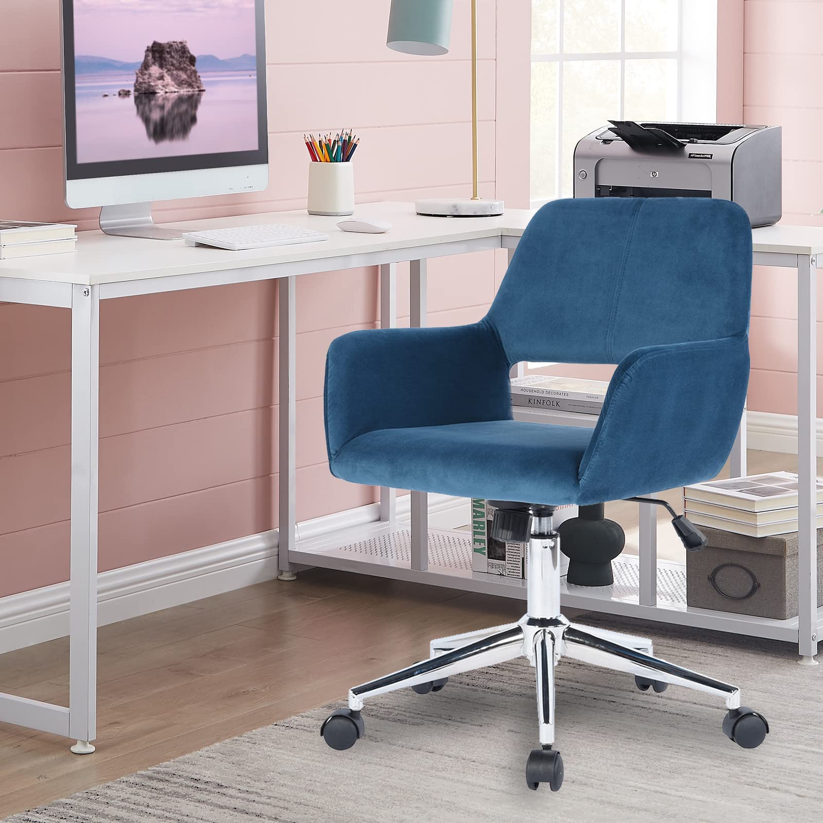 HomVent Velvet Swivel Desk Chair with Cute Hollow Mid-Back - Ergonomic Upholstered Task Chair for Home Office, Living Room, Vanity & Makeup Room - Perfect for Working, Studying & Beauty Stations