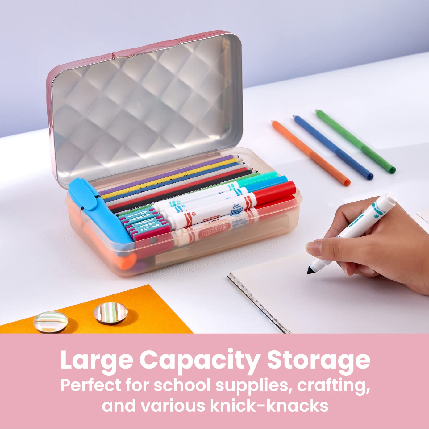 Durable Hard Plastic Pencil Case with Latch & Quilted Metallic Design - Rose Gold Pencil Box Holder for School, Office & Travel (Fits Pens, Markers, Crayons & Art Supplies)