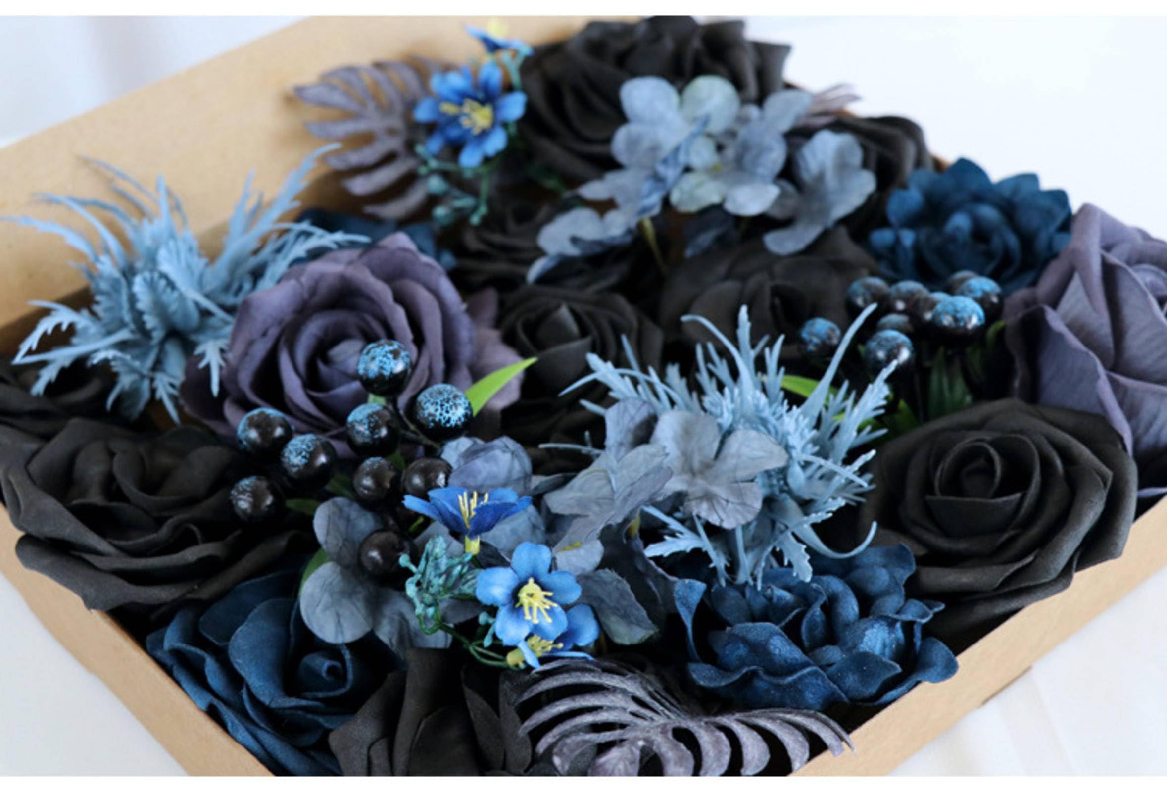 Blue and Black Artificial Rose Flower Box - Wedding Bouquet, Bridal Shower, Party Decor, Valentine's Day Gift - Perfect for Home Decoration, Wedding Centerpieces & Photo Frame Ornamental Flowers