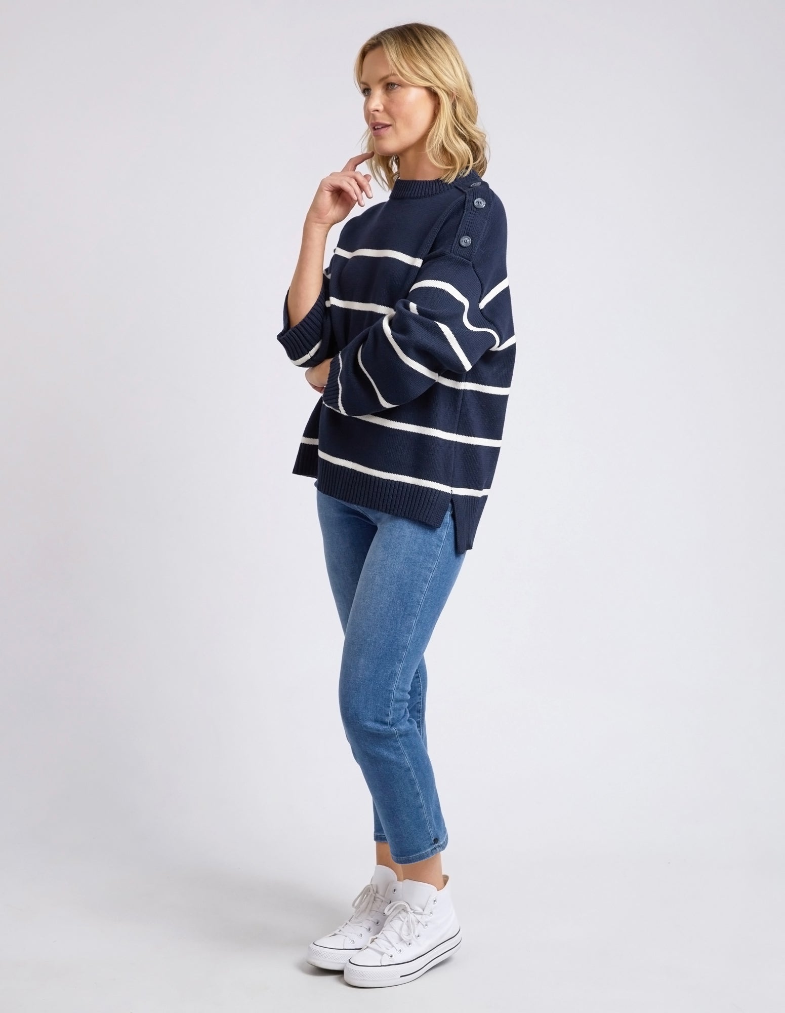 Elm Iris Stripe Knit Sweater - Navy & Winter White Striped Pullover for Women | Cozy Winter Fashion, Casual Outfit, Office Wear
