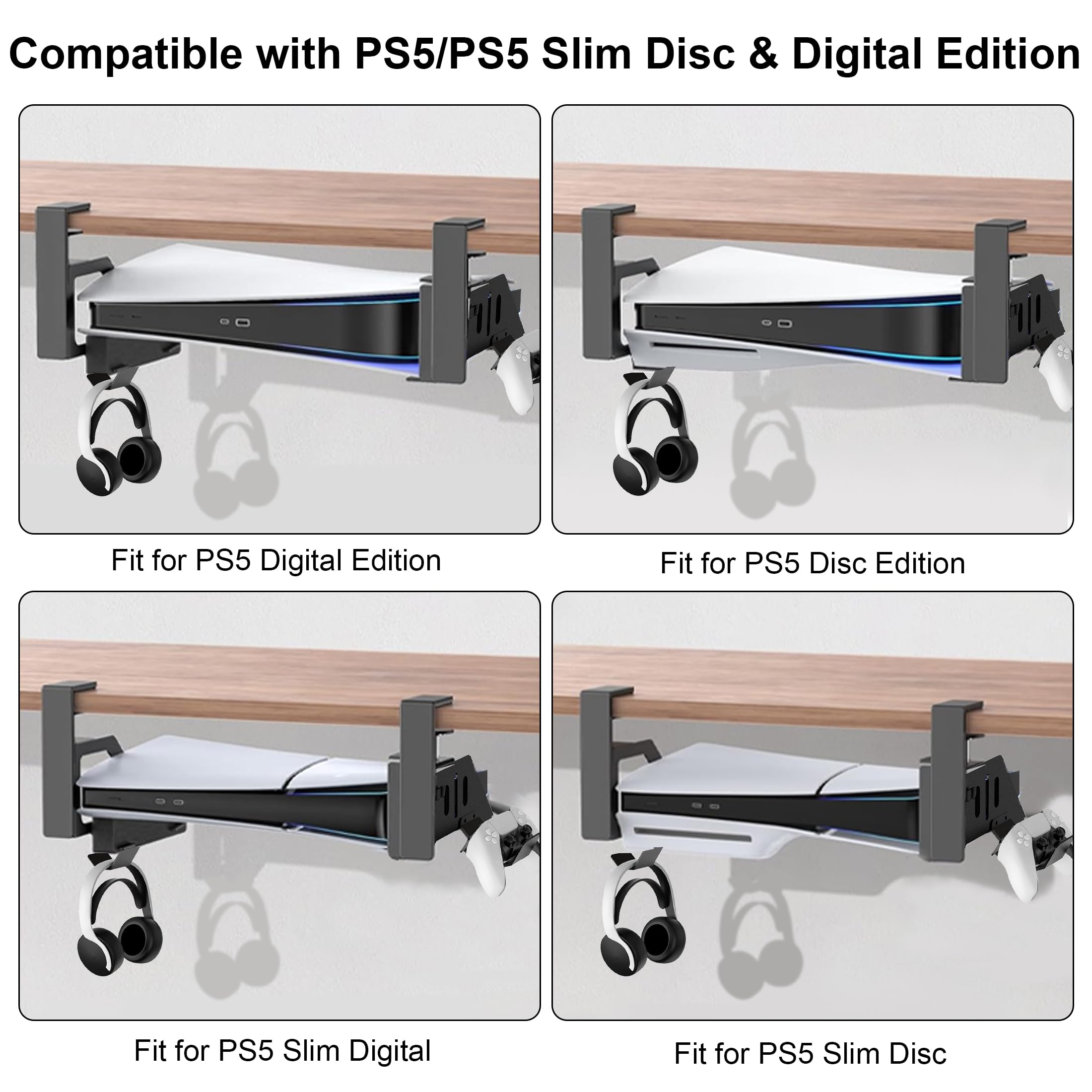 Non-Drill Under Desk Mount for PS5 & PS5 Slim - Heavy Duty Metal Gaming Console Holder with Hooks for PS5 Disc/Digital Edition - Perfect for Home Office, Gaming Room & Space-Saving Setup