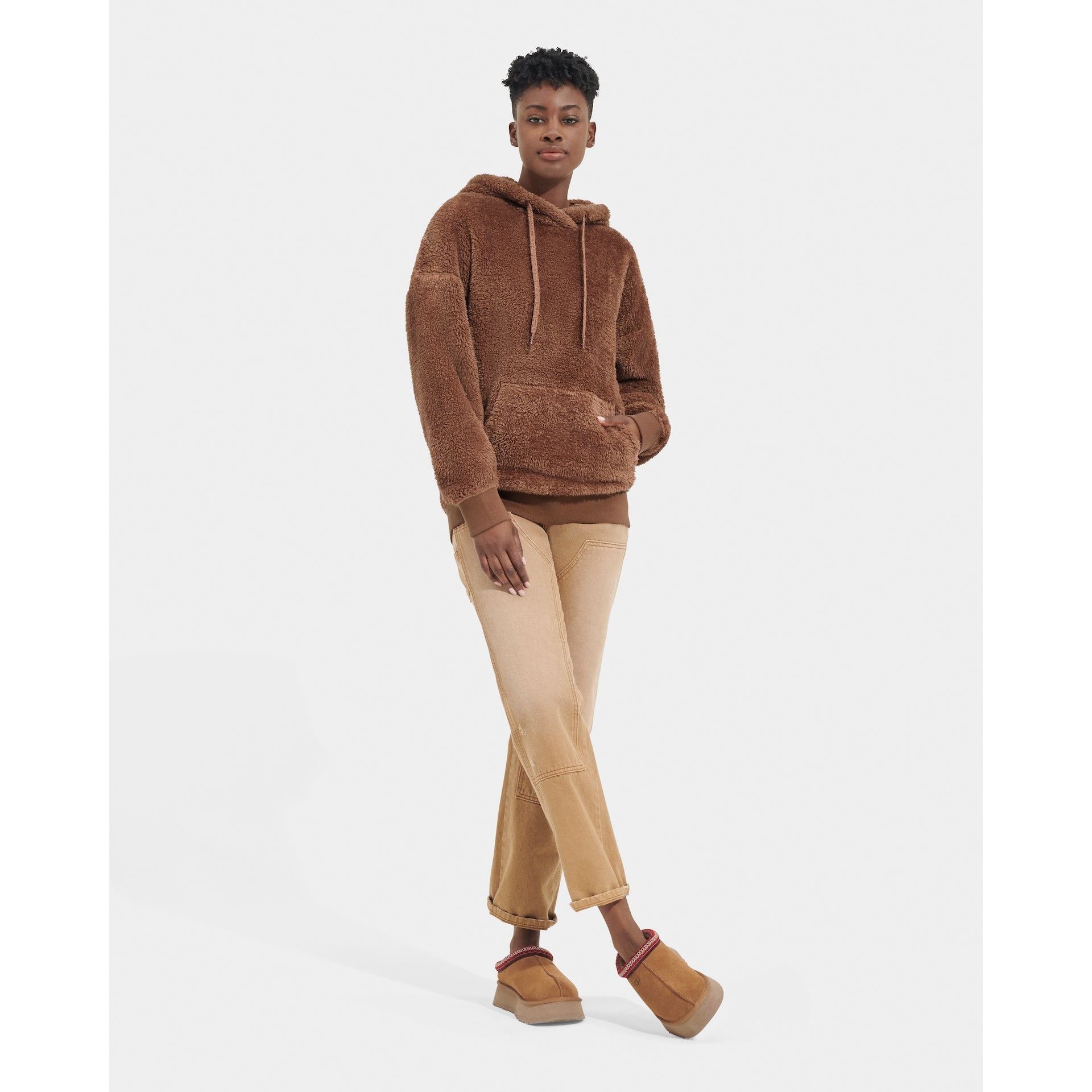 UGG Women's Loyra Sherpa Hoodie - Cozy Fleece-Lined Winter Jacket with Hood in Cedar Bark Color | Perfect for Cold Weather & Outdoor Activities