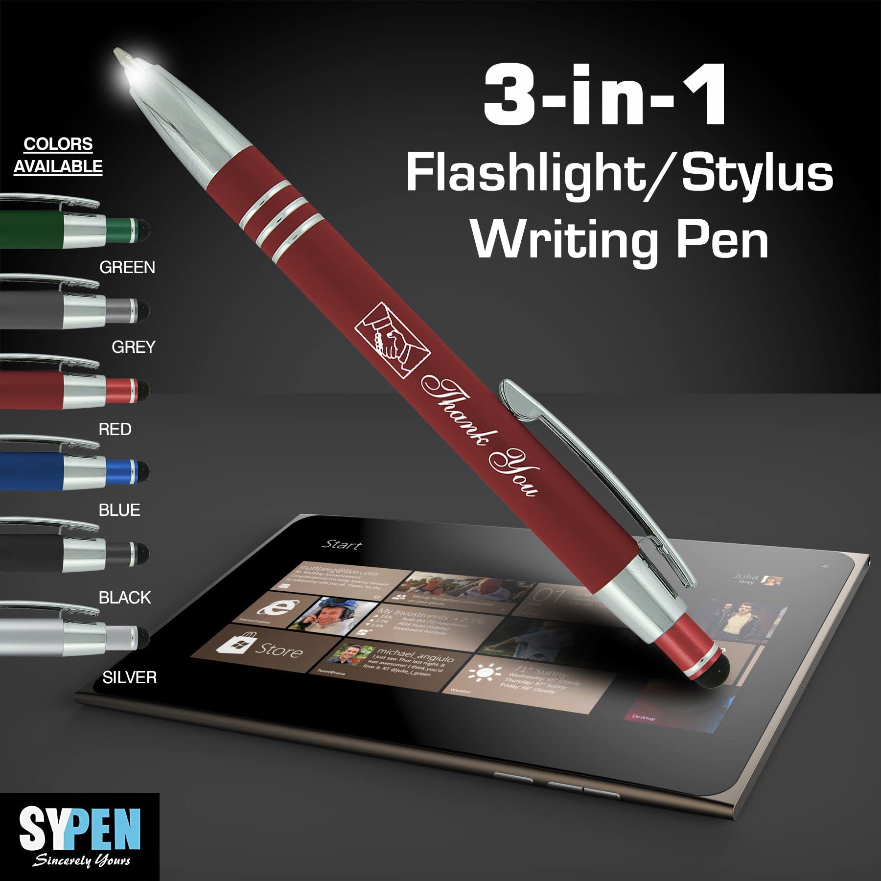 Custom Printed Promotional Pens Bulk 50 Pack - 3-in-1 Luxury Metal Ballpoint Pens with LED Flashlight & Touchscreen Stylus - Personalized with Your Text/Logo - Perfect for Corporate Gifts, Trade Shows & Business Marketing (Black)