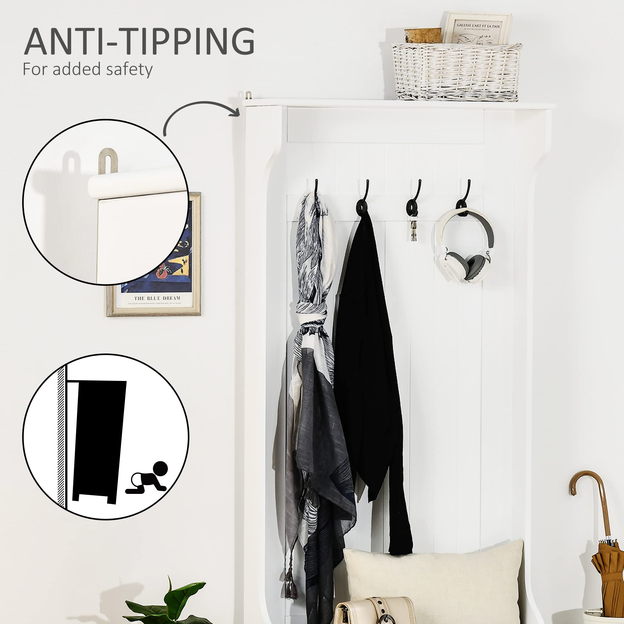 HOMCOM 3-in-1 Entryway Hall Tree with Shoe Storage Bench, Coat Rack & 4 Hooks - White | Space-Saving Organizer for Small Entryways, Mudrooms & Apartments