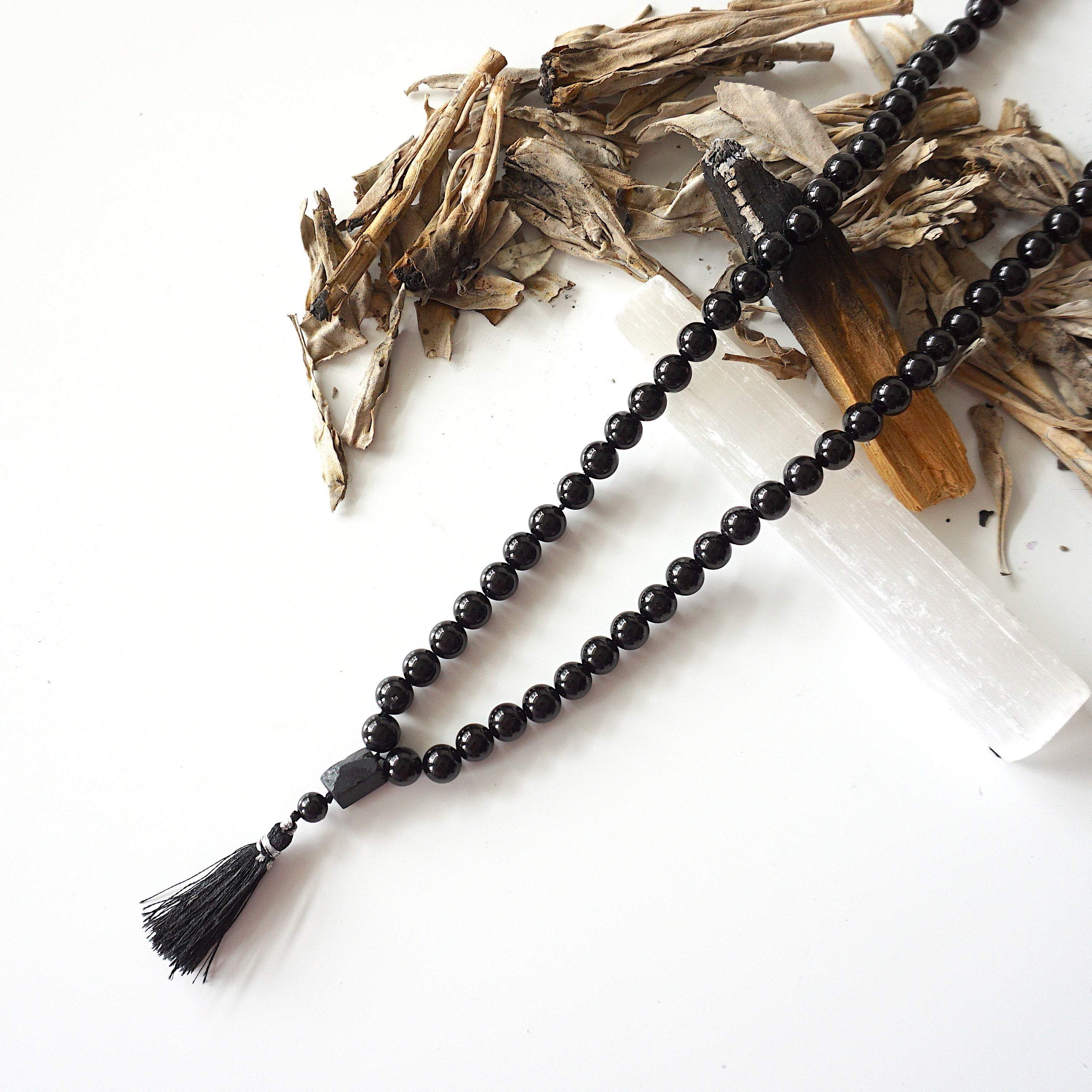 Black Tourmaline Mala Necklace - 108 Beads Spiritual Buddhist Meditation Prayer Necklace for Protection, Stress Relief & Positive Energy | Perfect for Yoga, Mindfulness & Chakra Balancing