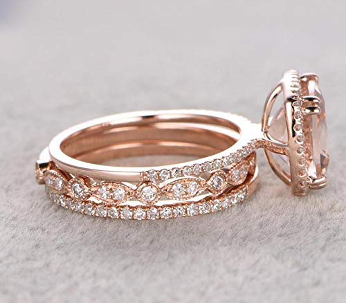 2 Carat Morganite & Diamond Trio Wedding Ring Set in 18K Gold Plating – Elegant Bridal Jewelry for Engagement, Anniversary & Special Occasions