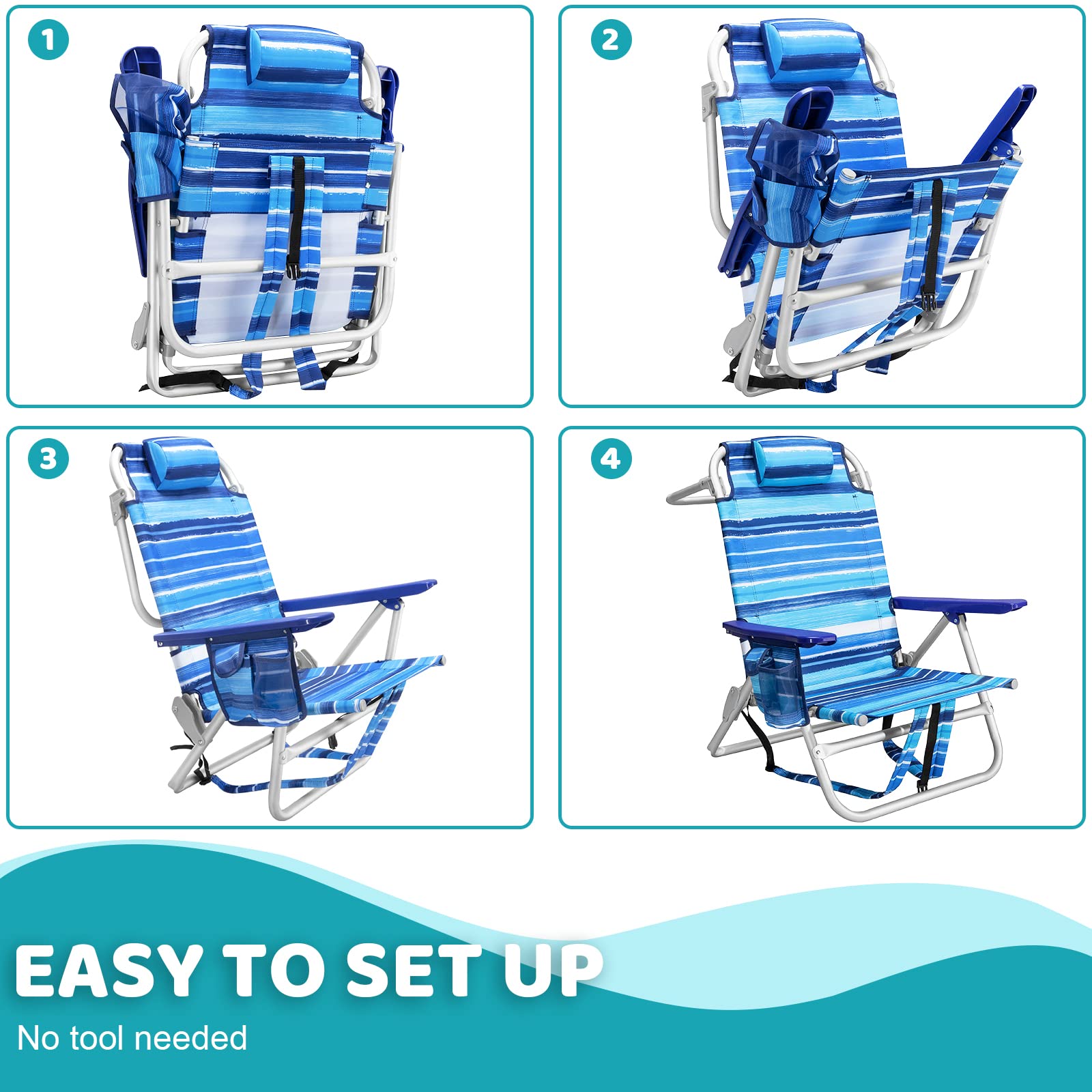 **LEMBERI Heavy Duty Folding Beach Chair for Adults - Adjustable High Back Camping Chair with Large Pockets, Cup Holder & Towel Rack - Portable for Outdoor, Travel, Picnics & Beach Lounging (2-Pack, Blue)**