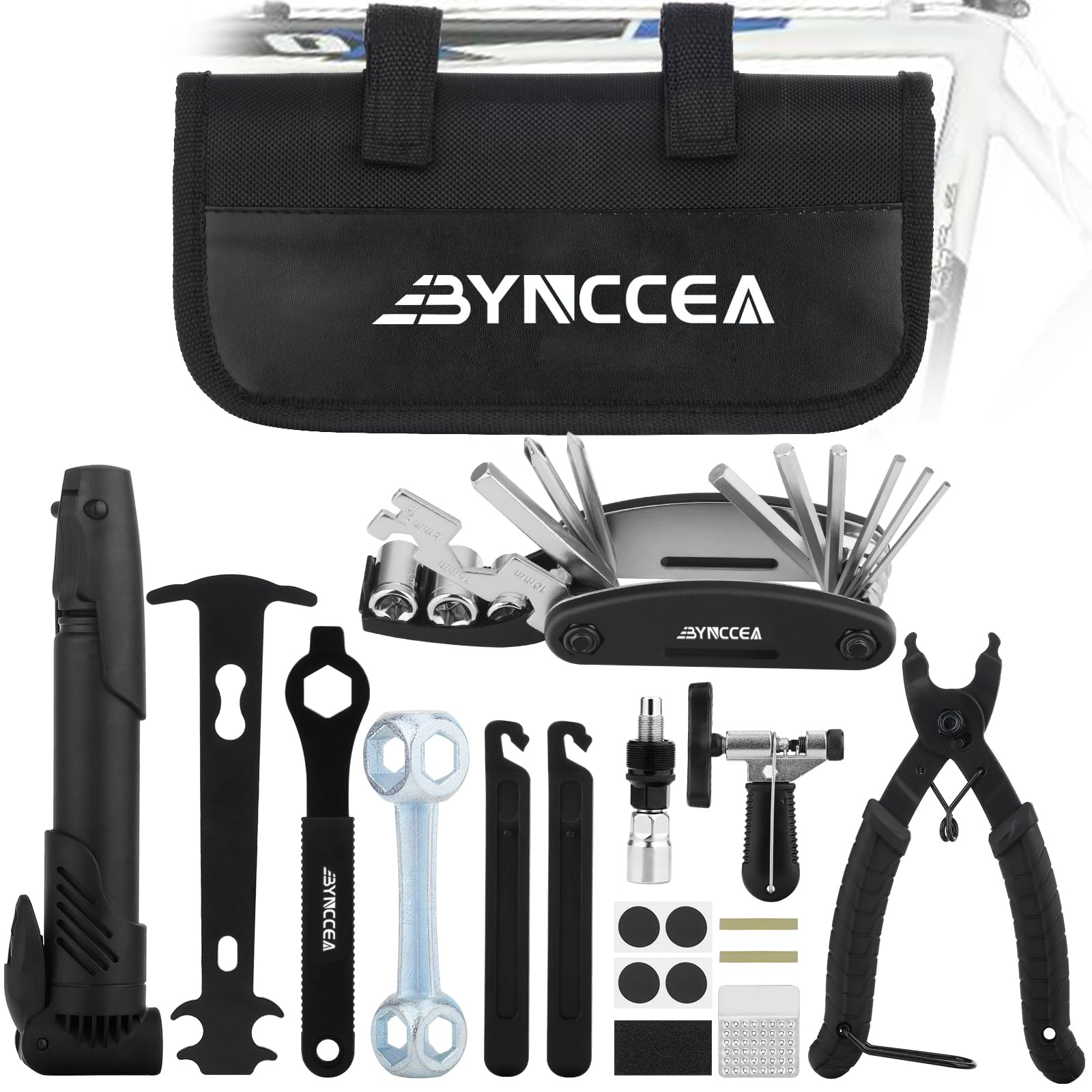 Bynccea Bike Tire Repair Kit with Hand Pump - Portable Bicycle Tire Patch Tools, All-in-One Bicycle Repair Bag with Tire Levers for Mountain & Road Bikes - Perfect for Cycling, Commuting & Outdoor Adventures